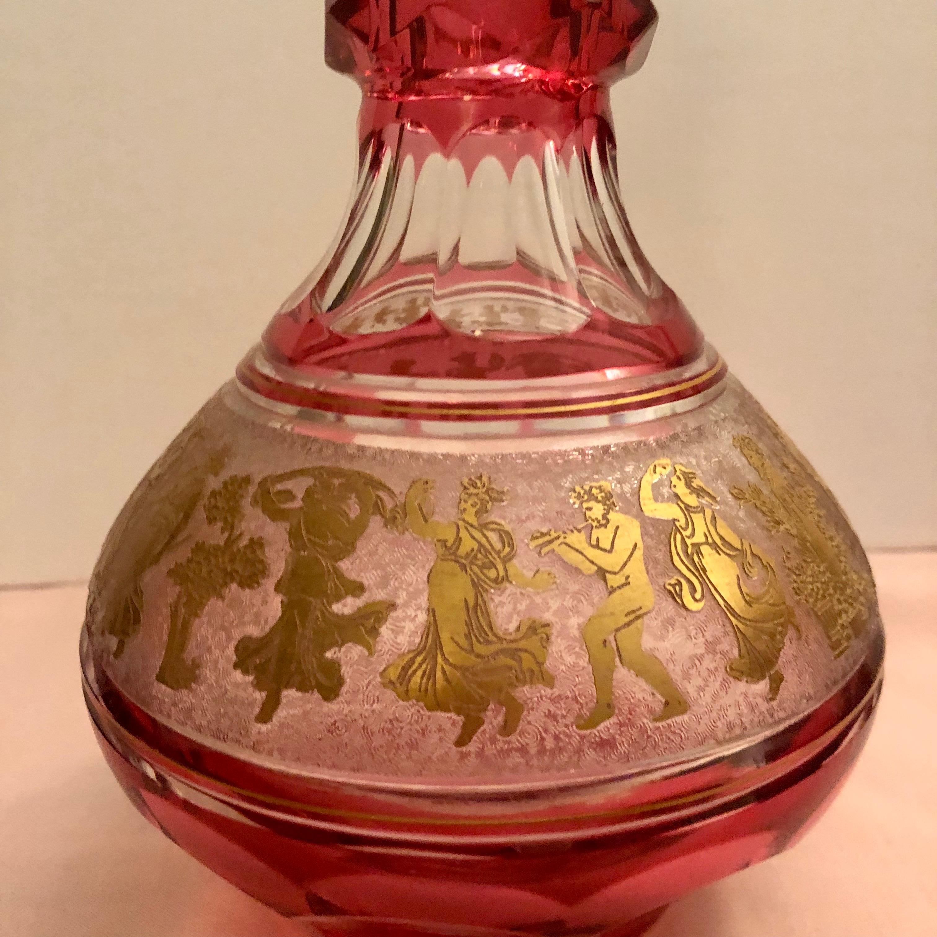 Val Saint Lambert Cranberry Decanter with Cut Cameo Gold Neoclassical Figures 10