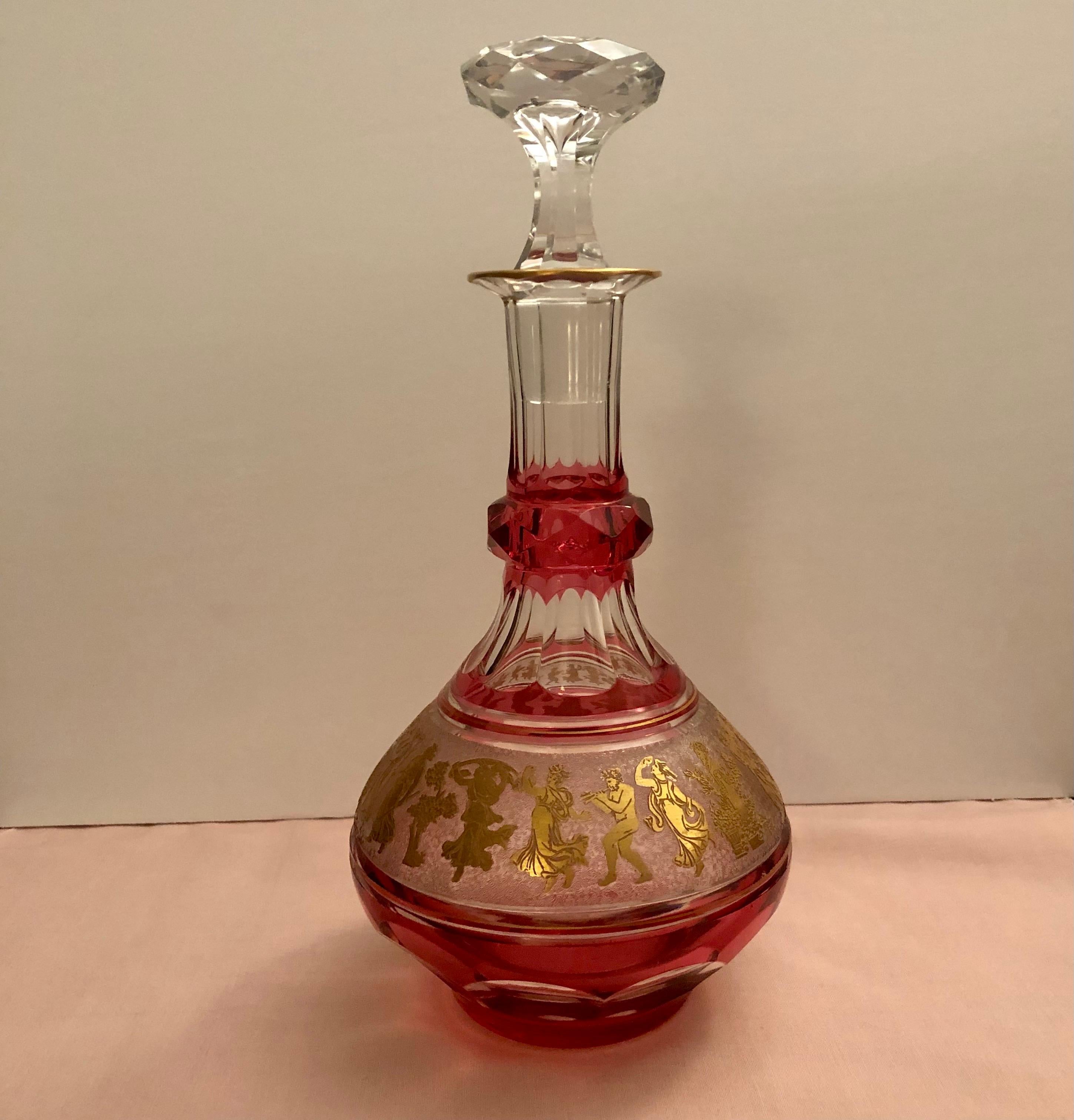 Val Saint Lambert Cranberry Decanter with Cut Cameo Gold Neoclassical Figures In Good Condition In Boston, MA
