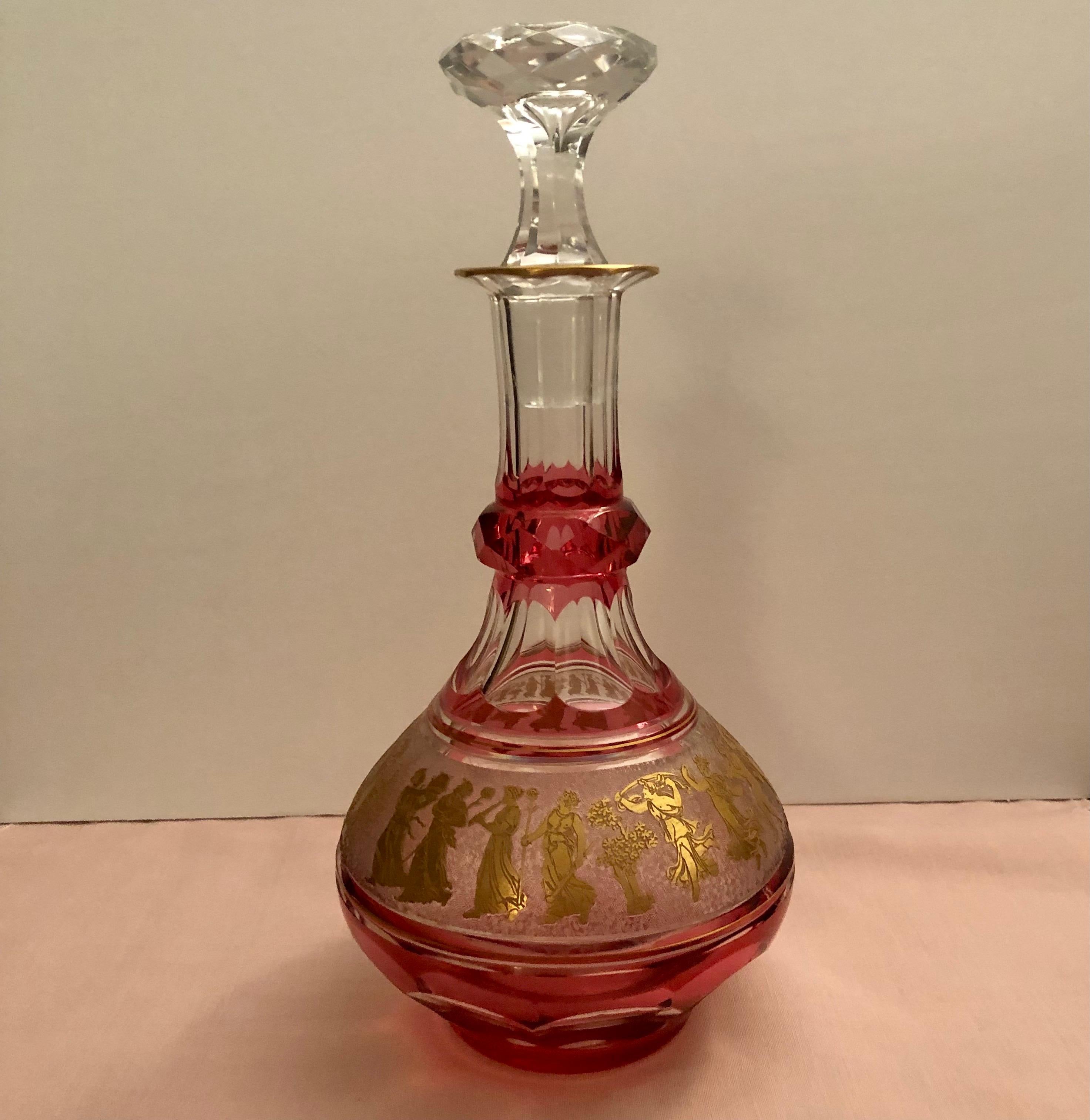 Early 20th Century Val Saint Lambert Cranberry Decanter with Cut Cameo Gold Neoclassical Figures