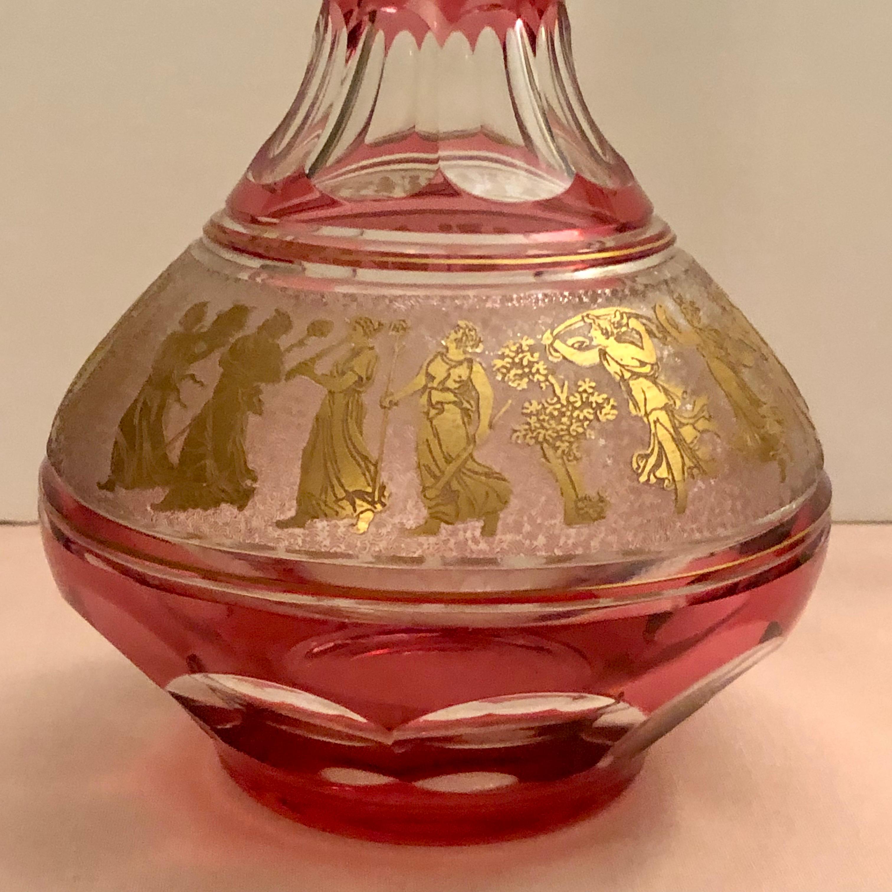Val Saint Lambert Cranberry Decanter with Cut Cameo Gold Neoclassical Figures 1