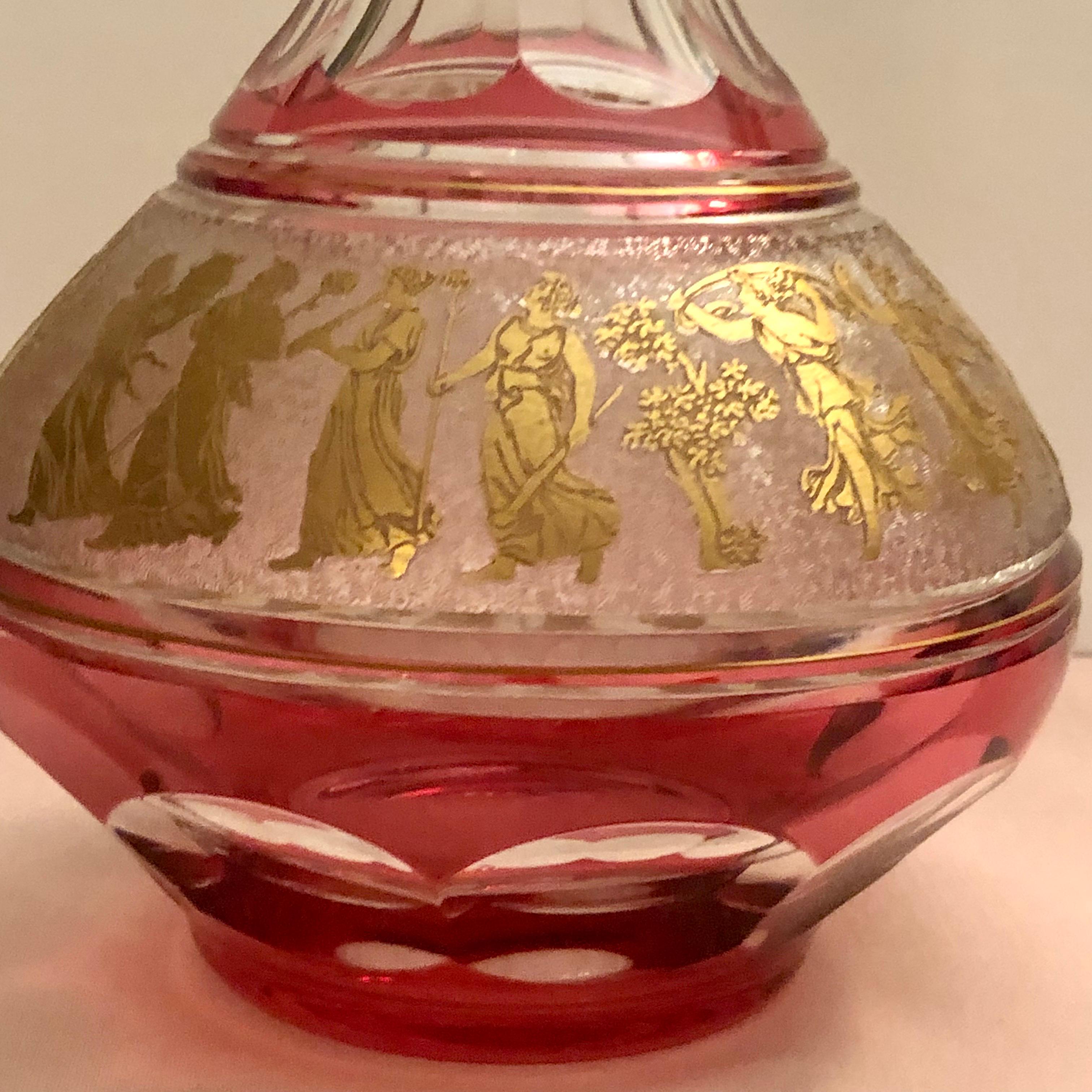 Val Saint Lambert Cranberry Decanter with Cut Cameo Gold Neoclassical Figures 2