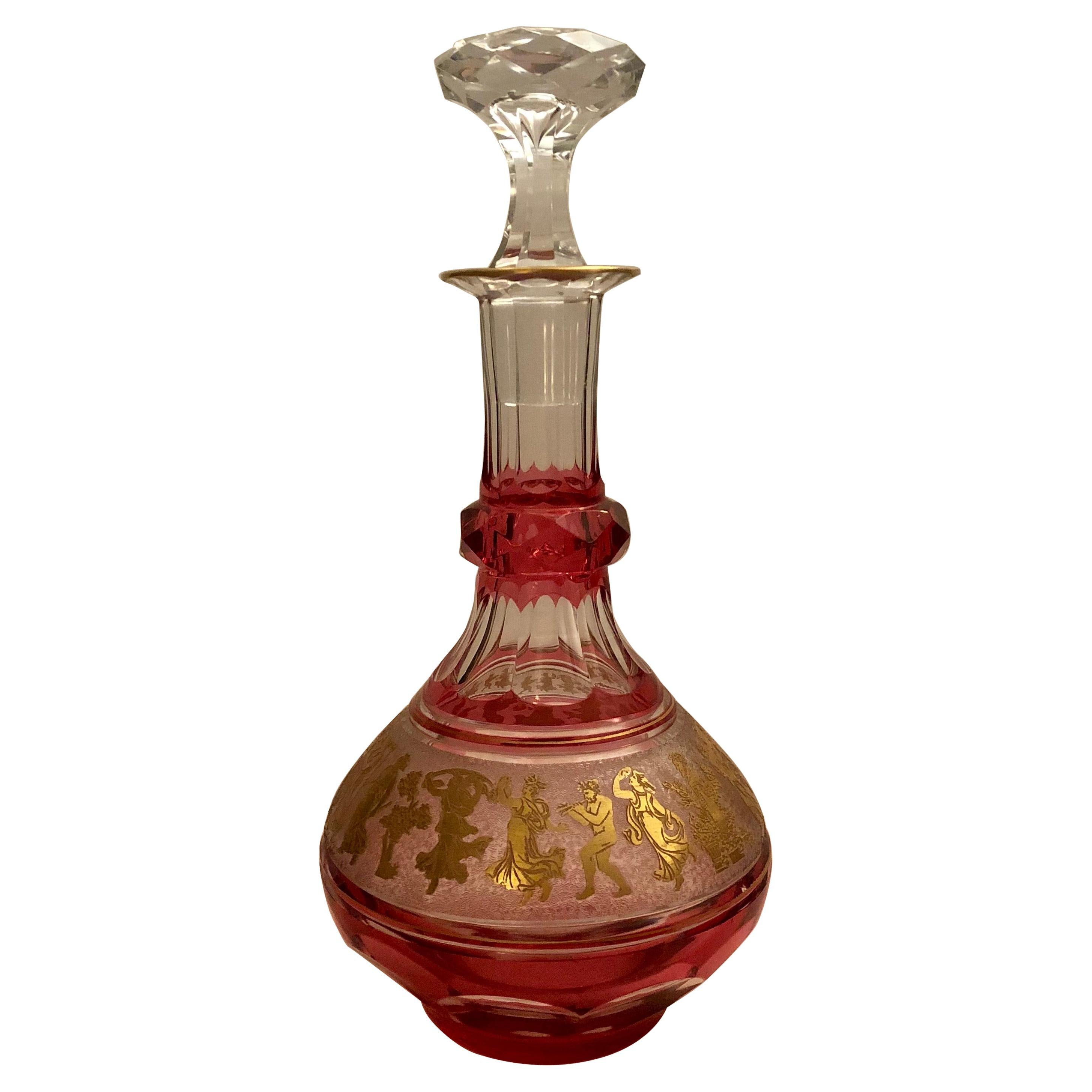 Val Saint Lambert Cranberry Decanter with Cut Cameo Gold Neoclassical Figures
