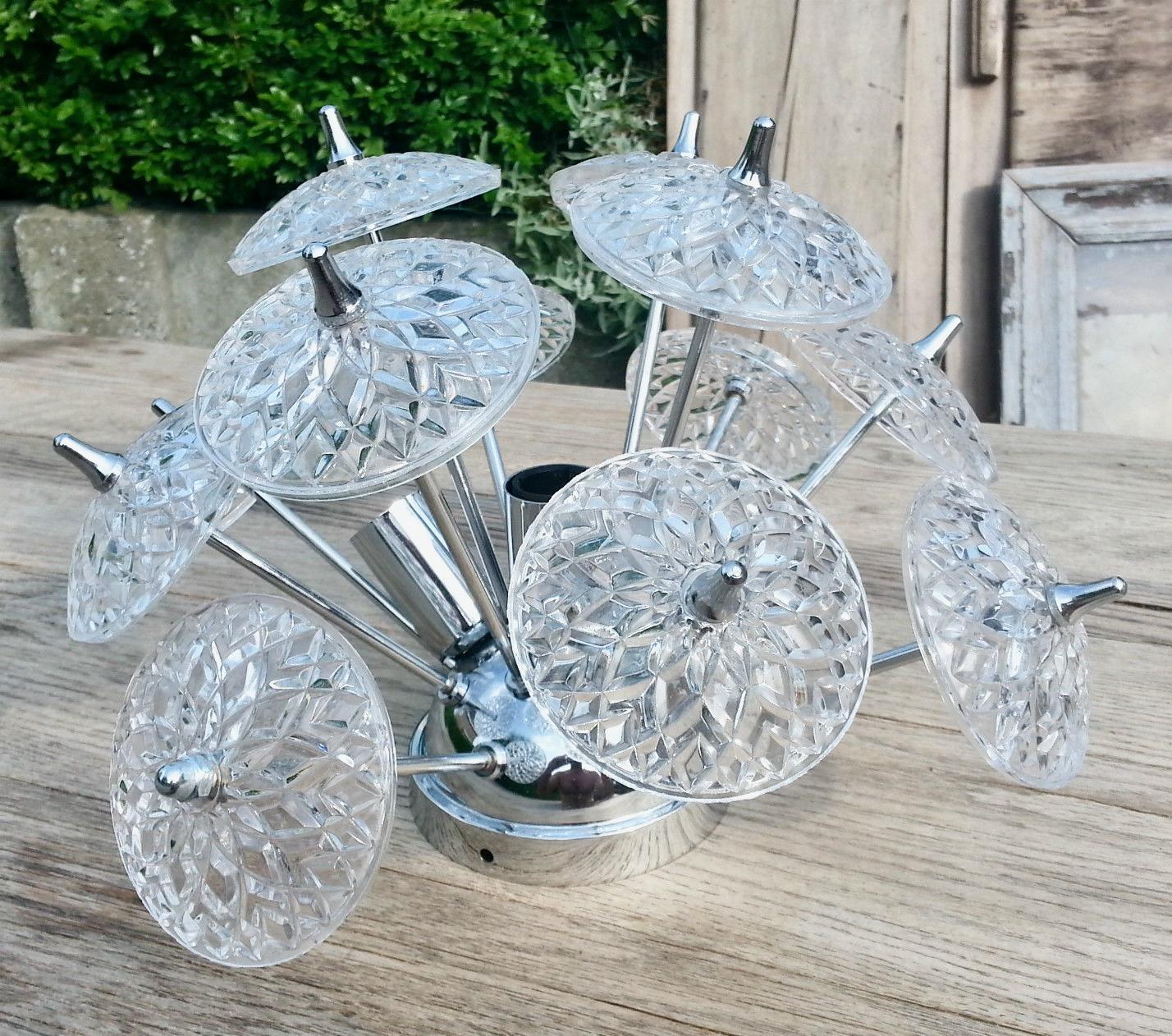 Val Saint Lambert Crystal and Chrome Sputnik Flush Mount In Good Condition For Sale In Hanover, MA