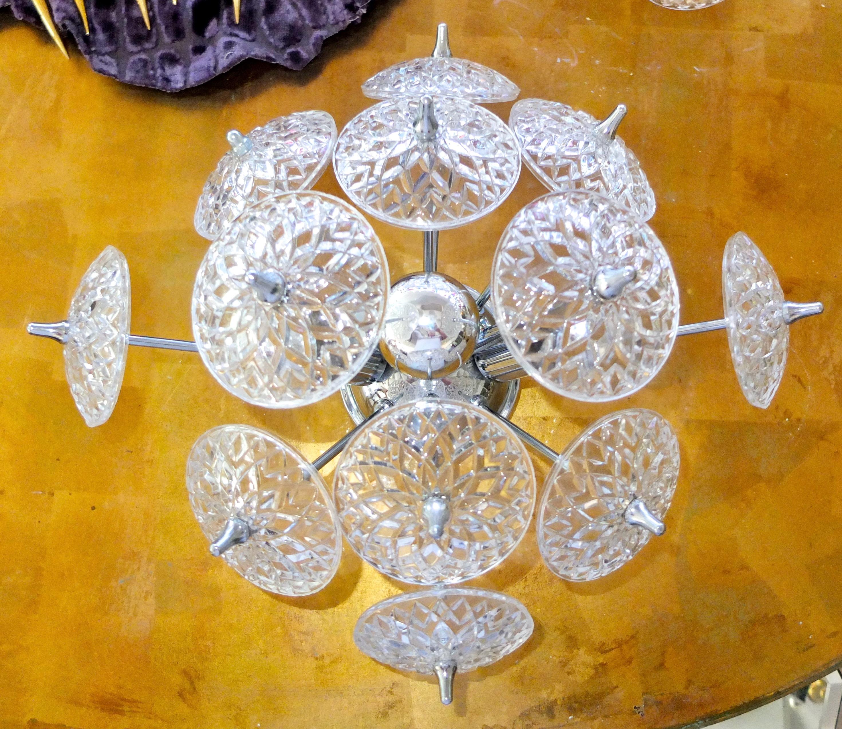 Stainless Steel Val Saint Lambert Crystal and Chrome Sputnik Flush Mount For Sale