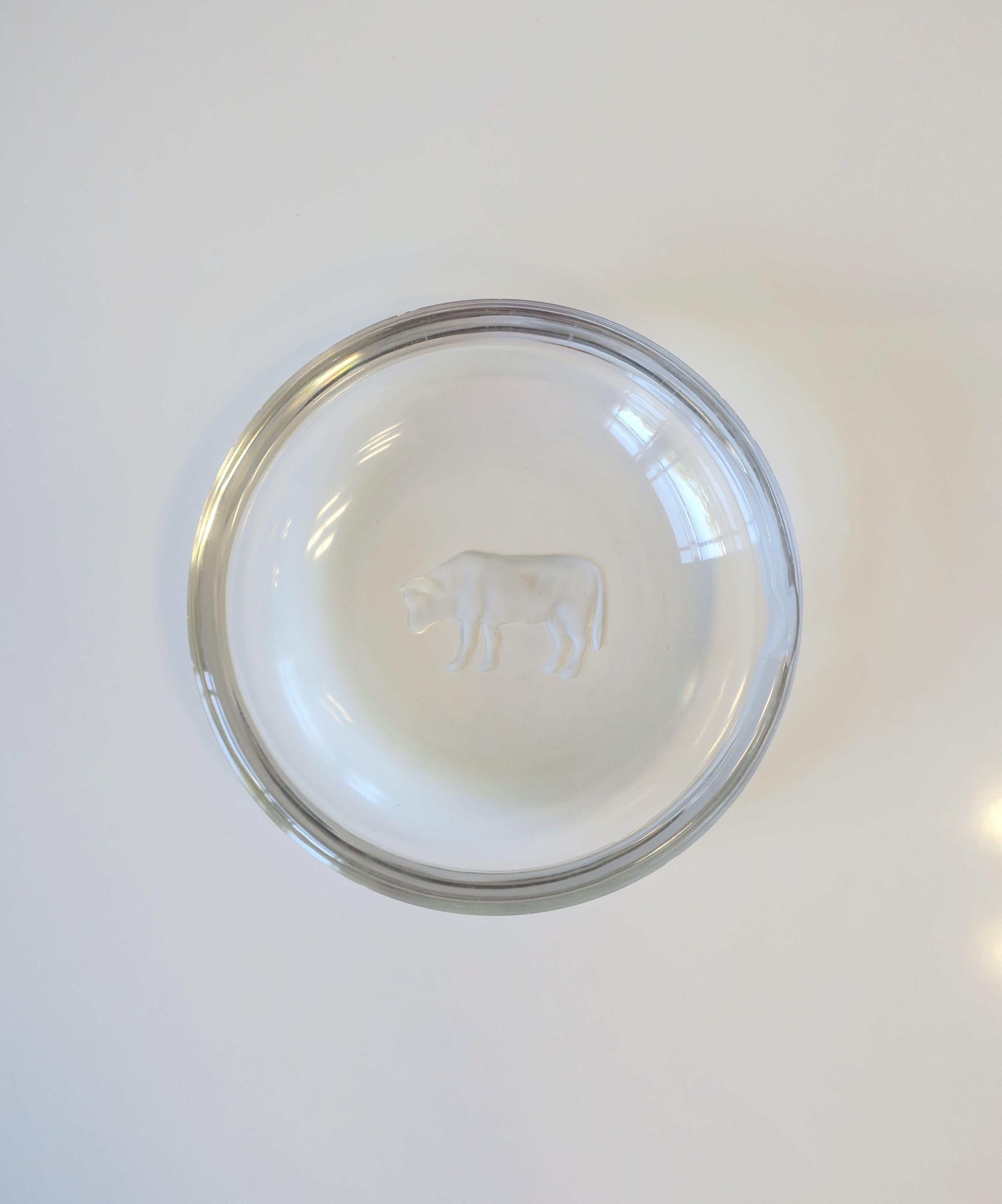 A substantial Belgian crystal round bowl with debossed steer bull animal by luxury crystal Maison, Val Saint Lambert, circa mid to late-20th century, Belgium. Steer bull at center of bowl/dish, with tiny etched authentication initials 'VSL', for