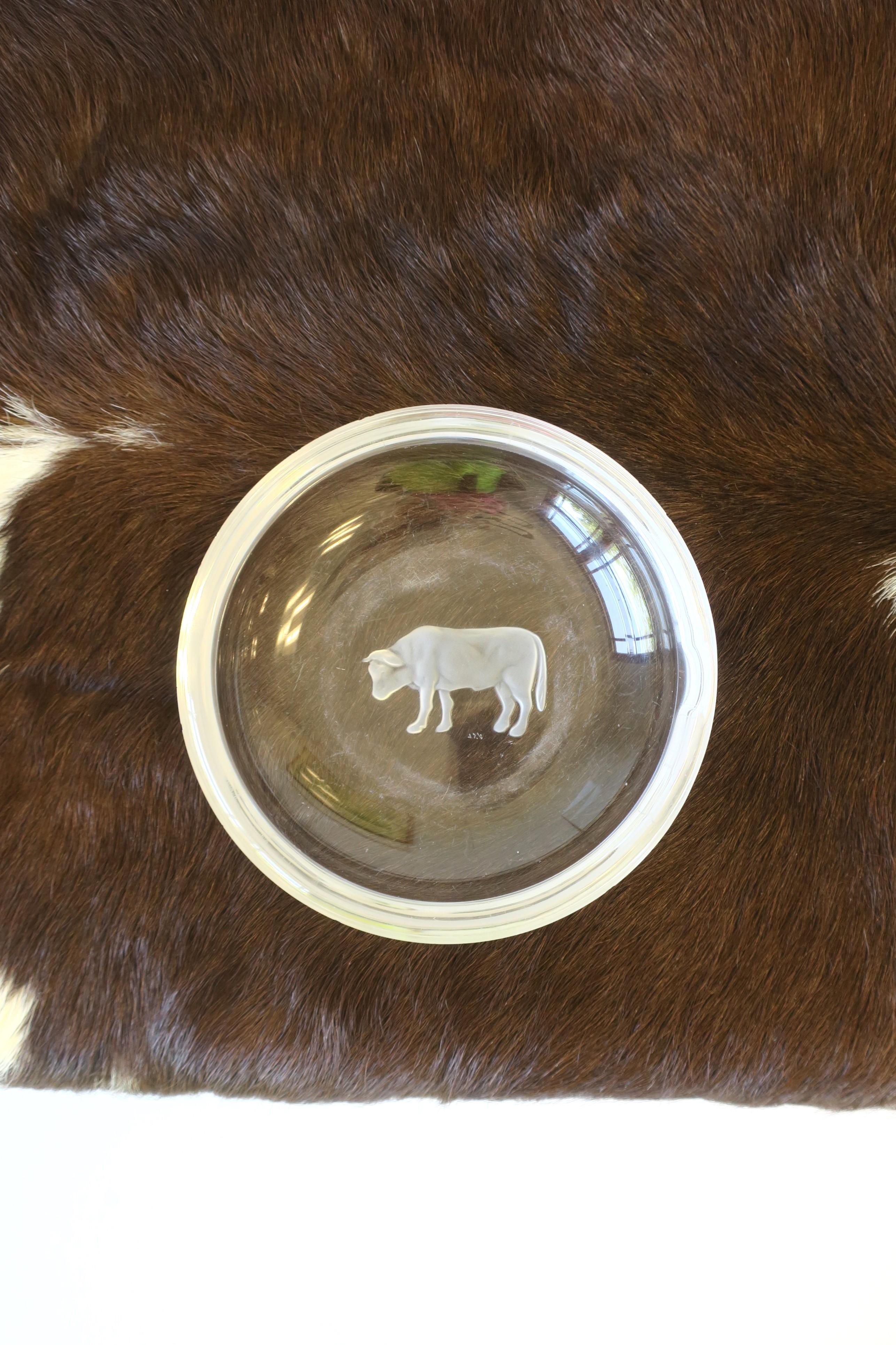 Belgian Val Saint Lambert Crystal Bowl Catchall with Animal Steer Bull Rustic Belgium For Sale