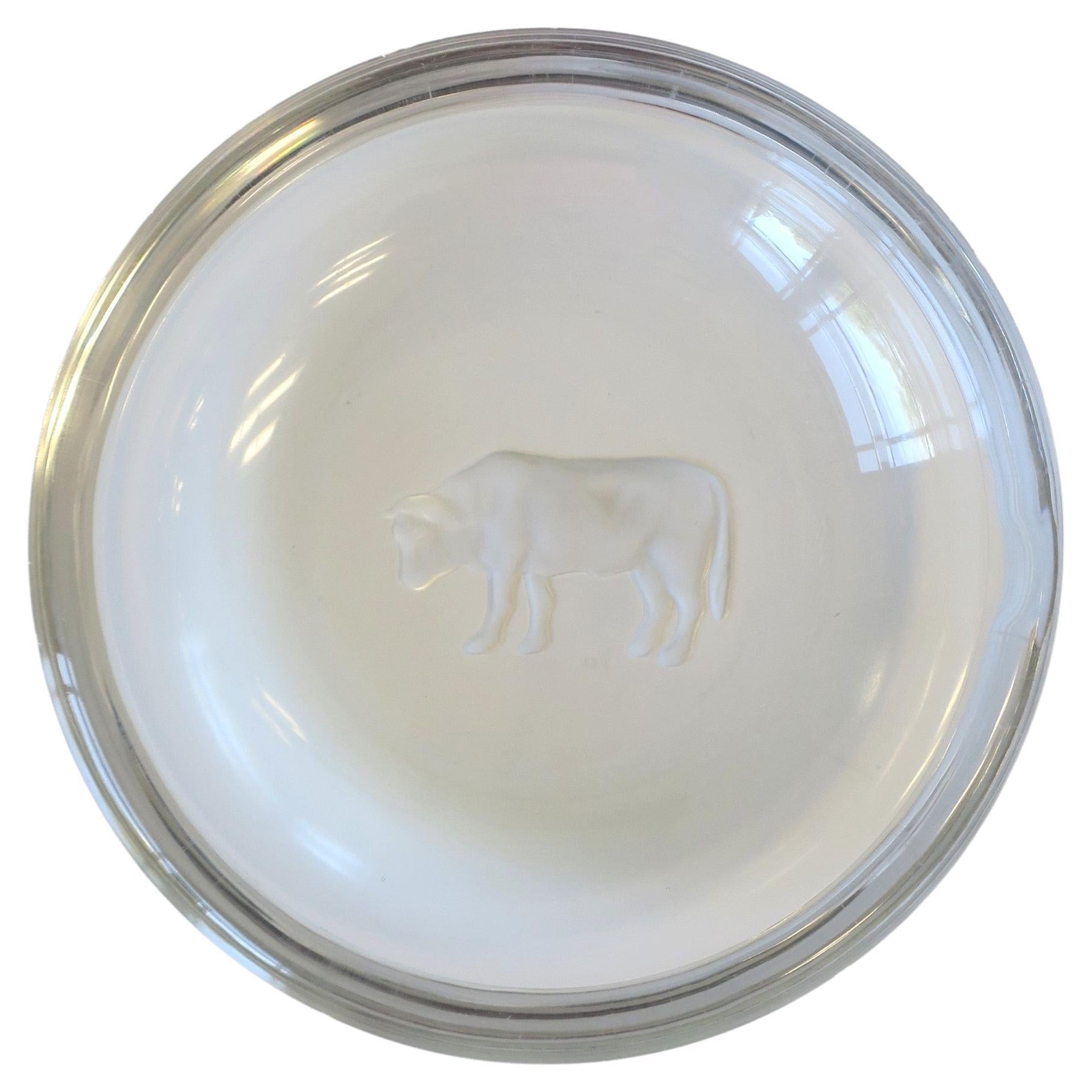 Val Saint Lambert Crystal Bowl Catchall with Animal Steer Bull Rustic Belgium For Sale