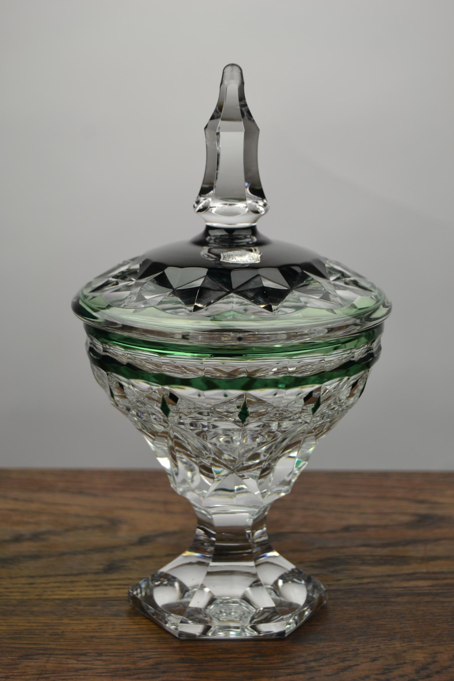 Dark Green Val Saint Lambert Crystal Candy Box or Bonbonniere, Belgium 8