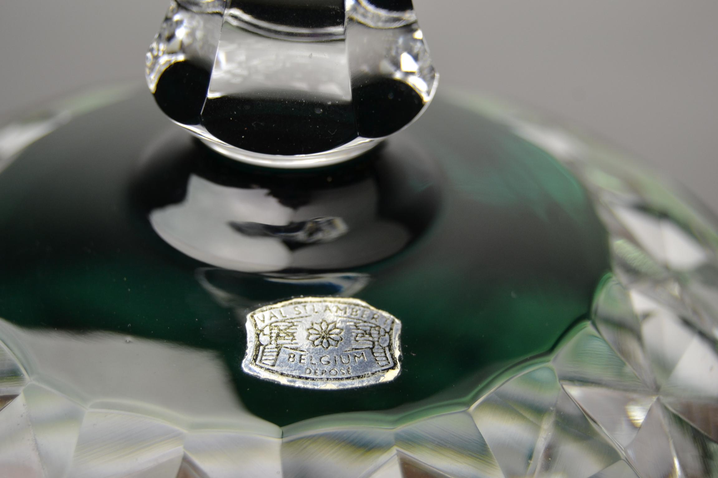 Great Tabletop Accessory, 
A Crystal Candy Box - Bonbon Box - Chocolat Box - Sweet Box - Candy Jar - Bonbonniere
made by the Prestigious Belgian Company Val Saint Lambert - VSL; 
 Worldwide known for their High Quality of products. 

This Dark Green