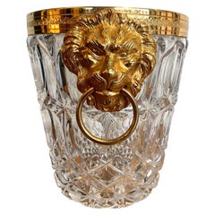 Val Saint Lambert Crystal Champagne Bucket with Gilt Metal Lion Head Handles