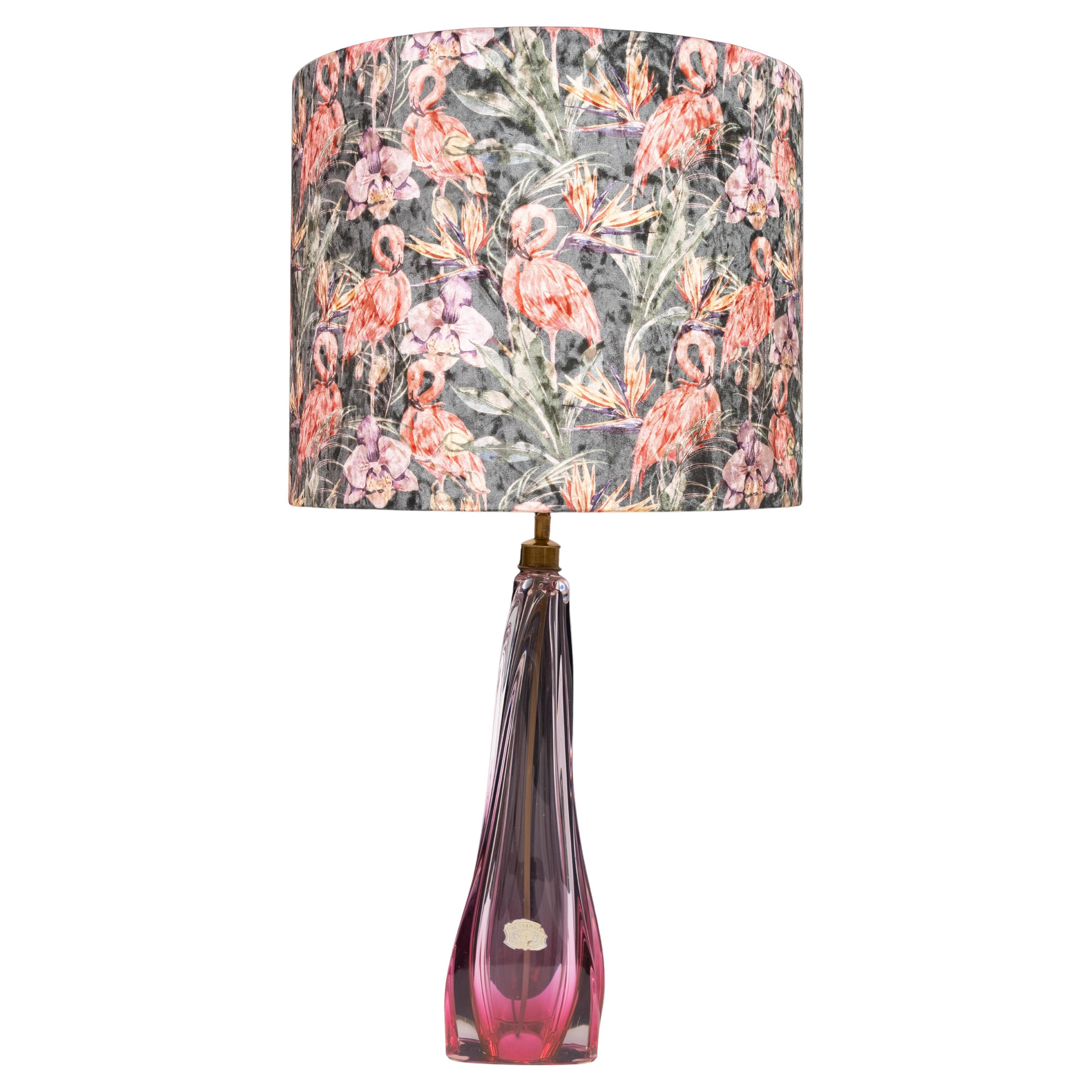 
Vintage French purple crystal glass table lamp, by Rene Delvenne  for        Val Saint Lambert   - Belgian design 1960s 1970s mid century lighting .
comes with a new Velvet Flamingo shade .
New fitting rewiring and switch .  signed . very good