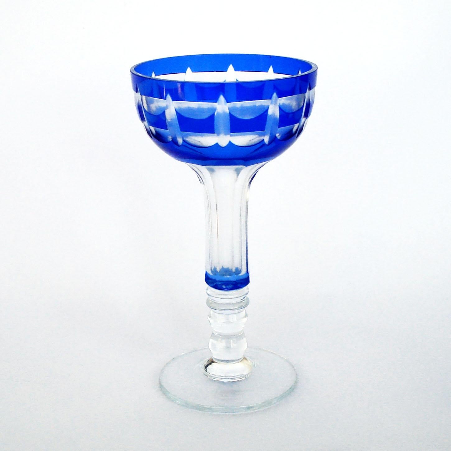 Art Deco Val Saint Lambert Crystal Goblets Cobalt Blue Overlay Cut to Clear Set of 12 For Sale
