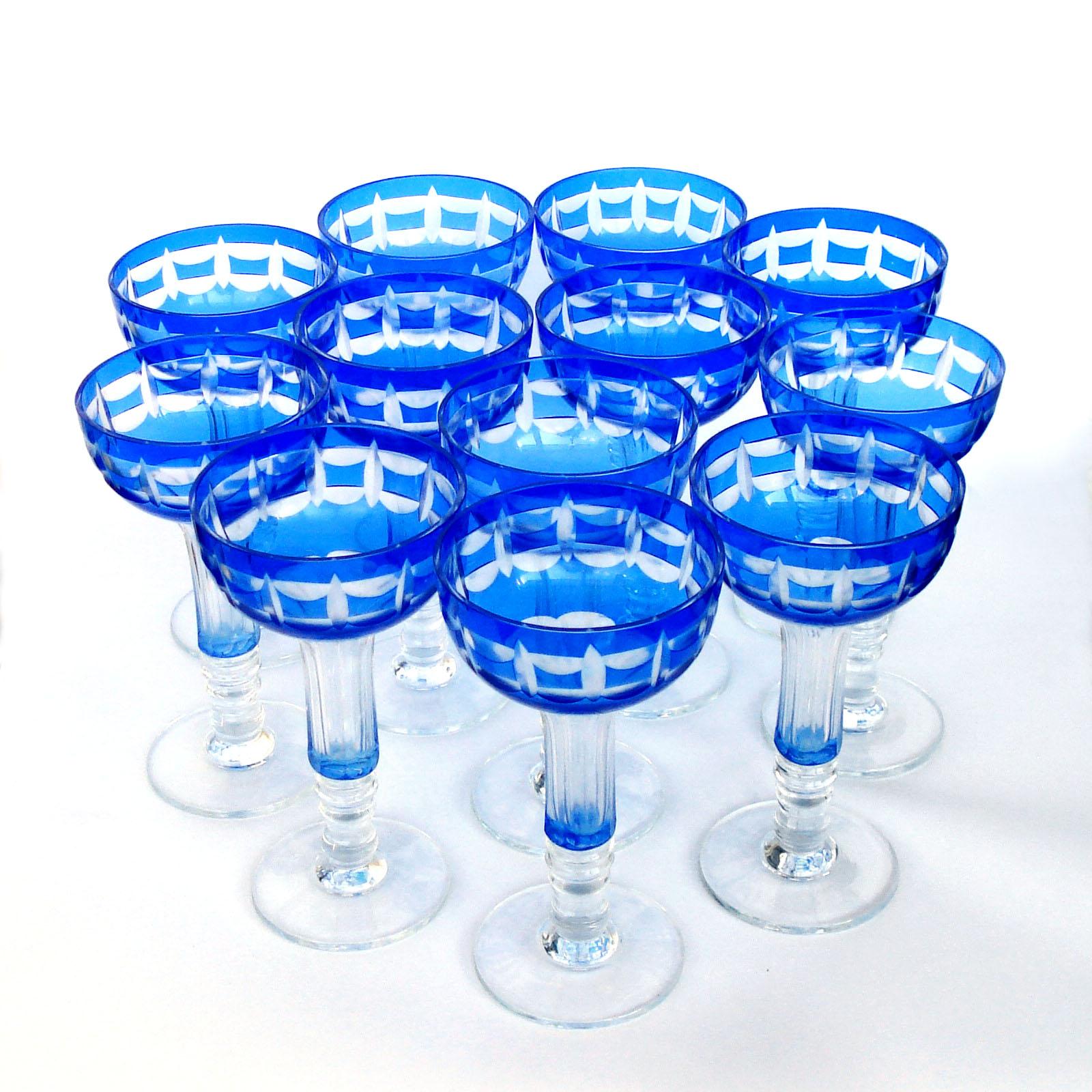 Art Deco Val Saint Lambert Crystal Goblets Cobalt Blue Overlay Cut to Clear Set of 12 For Sale
