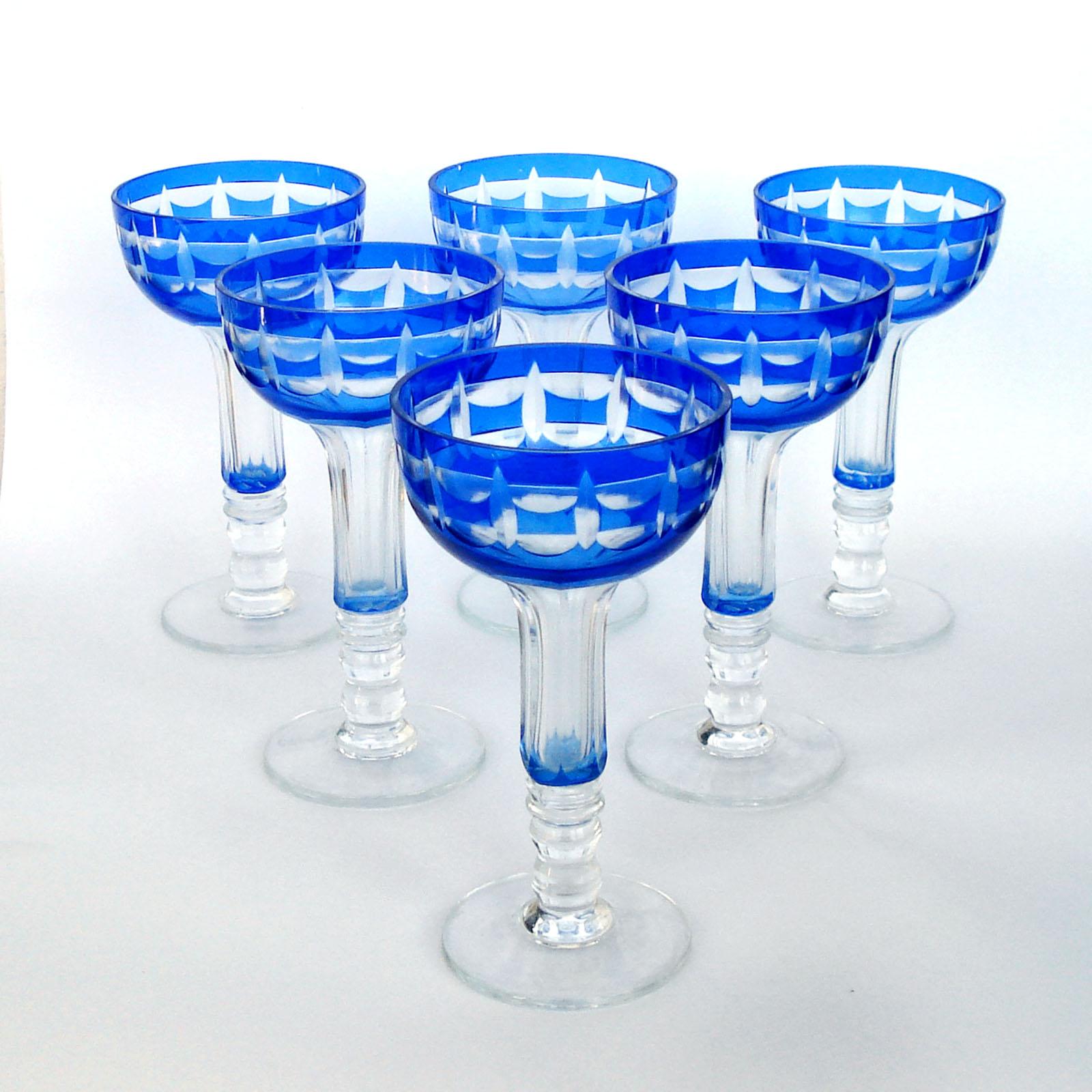 Belgian Val Saint Lambert Crystal Goblets Cobalt Blue Overlay Cut to Clear Set of 12 For Sale