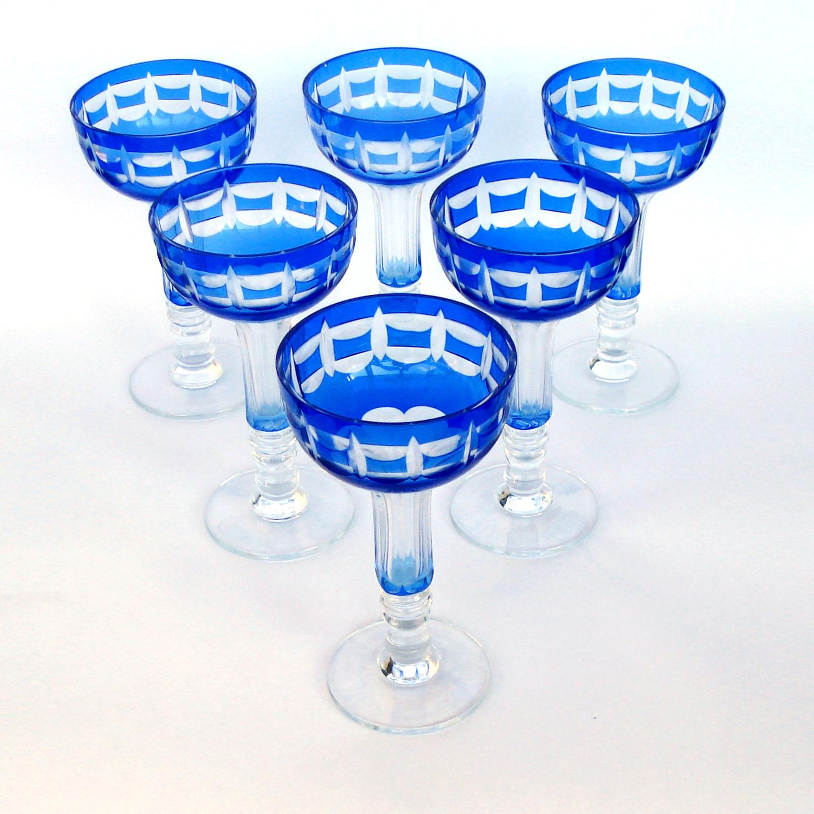 Early 20th Century Val Saint Lambert Crystal Goblets Cobalt Blue Overlay Cut to Clear Set of 12 For Sale