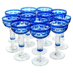 Val Saint Lambert Copas de Cristal Superpuesto Azul Cobalto Tallado a Transparente Set de 12