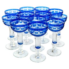 Val Saint Lambert Crystal Goblets Cobalt Blue Overlay Cut to Clear Set of 12