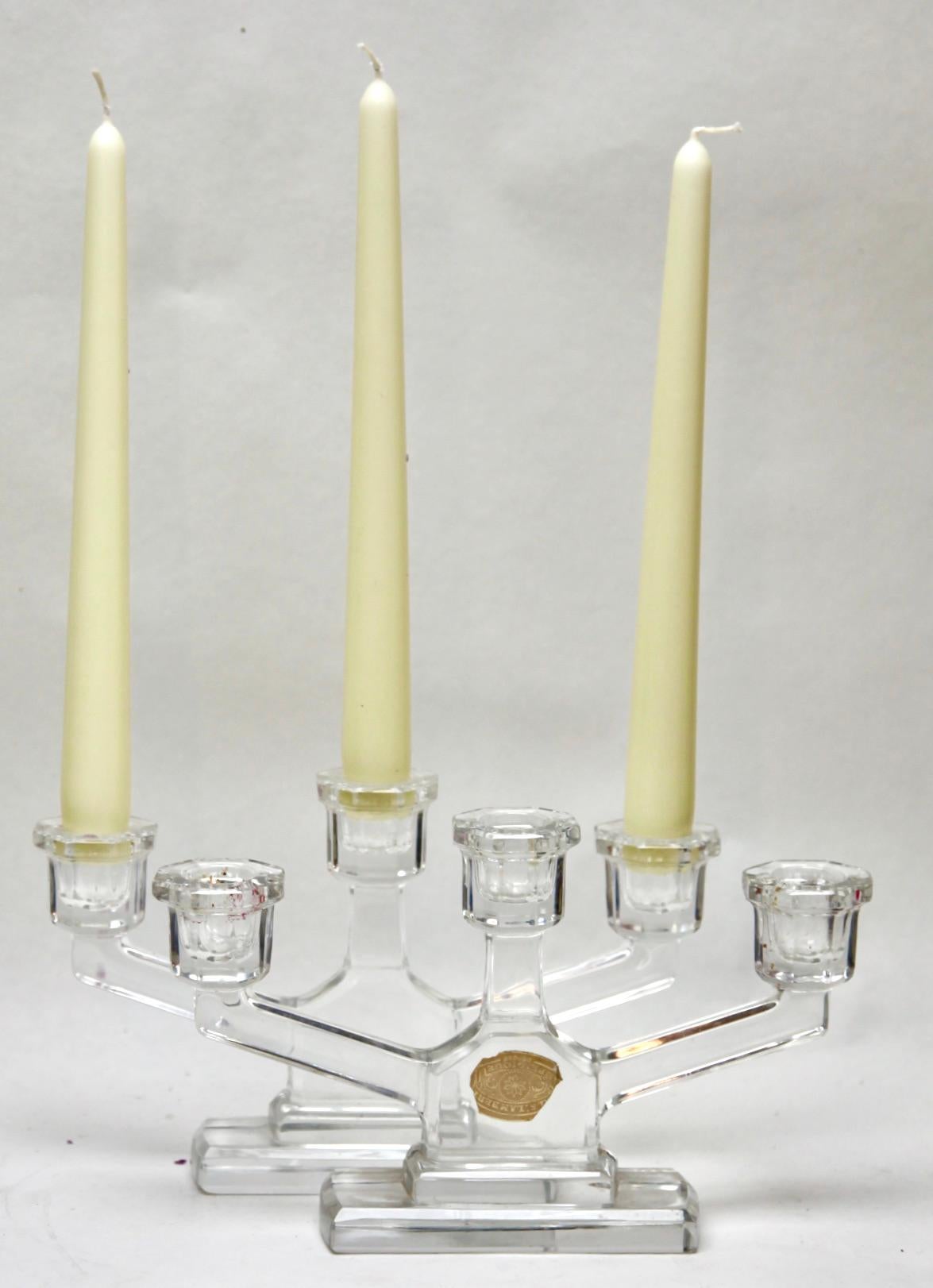 Art Deco Val Saint Lambert, Crystal Pair Candlesticks, 1930s, Belgium For Sale