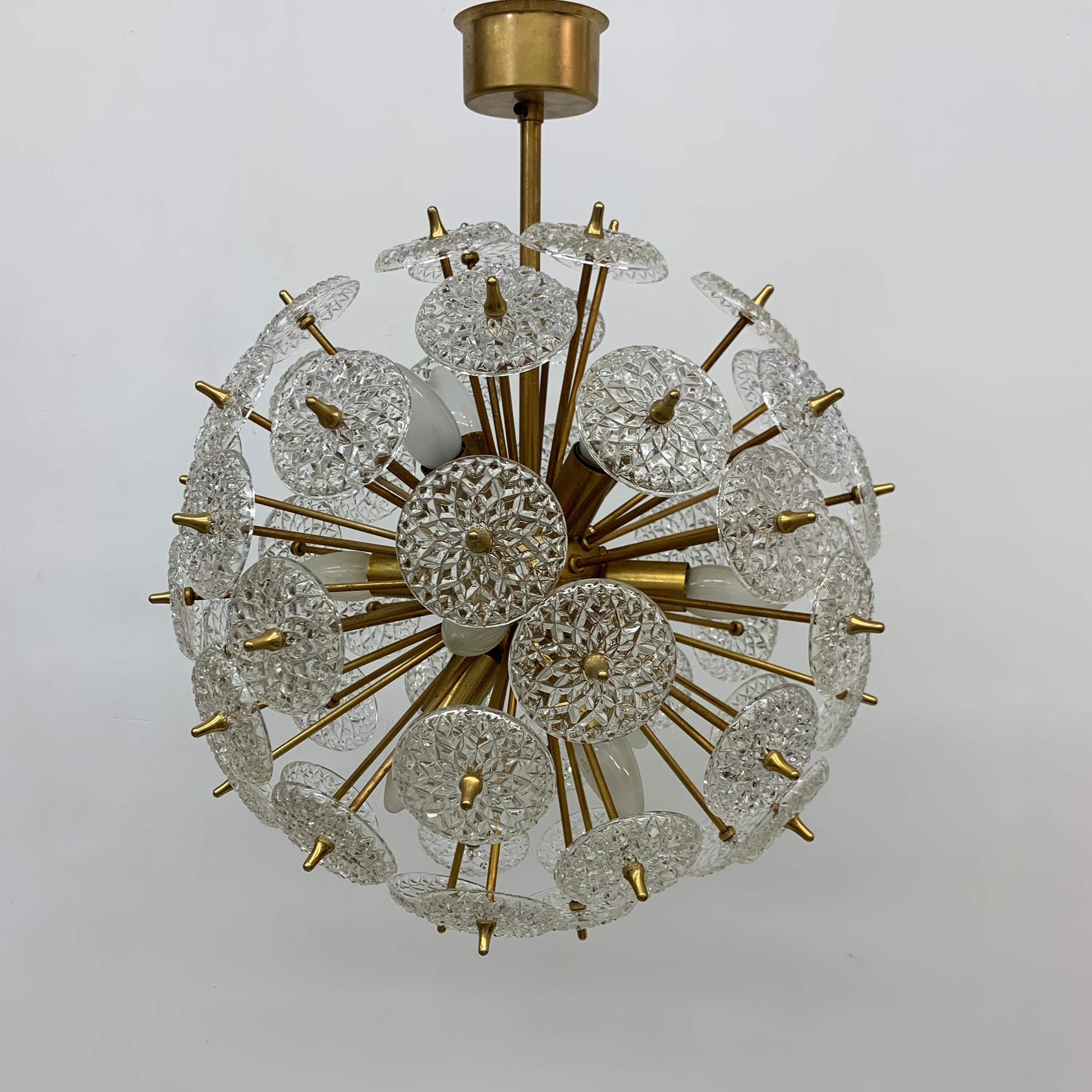 French Val Saint Lambert Crystal Sputnik Gold Chandelier, 1960s For Sale