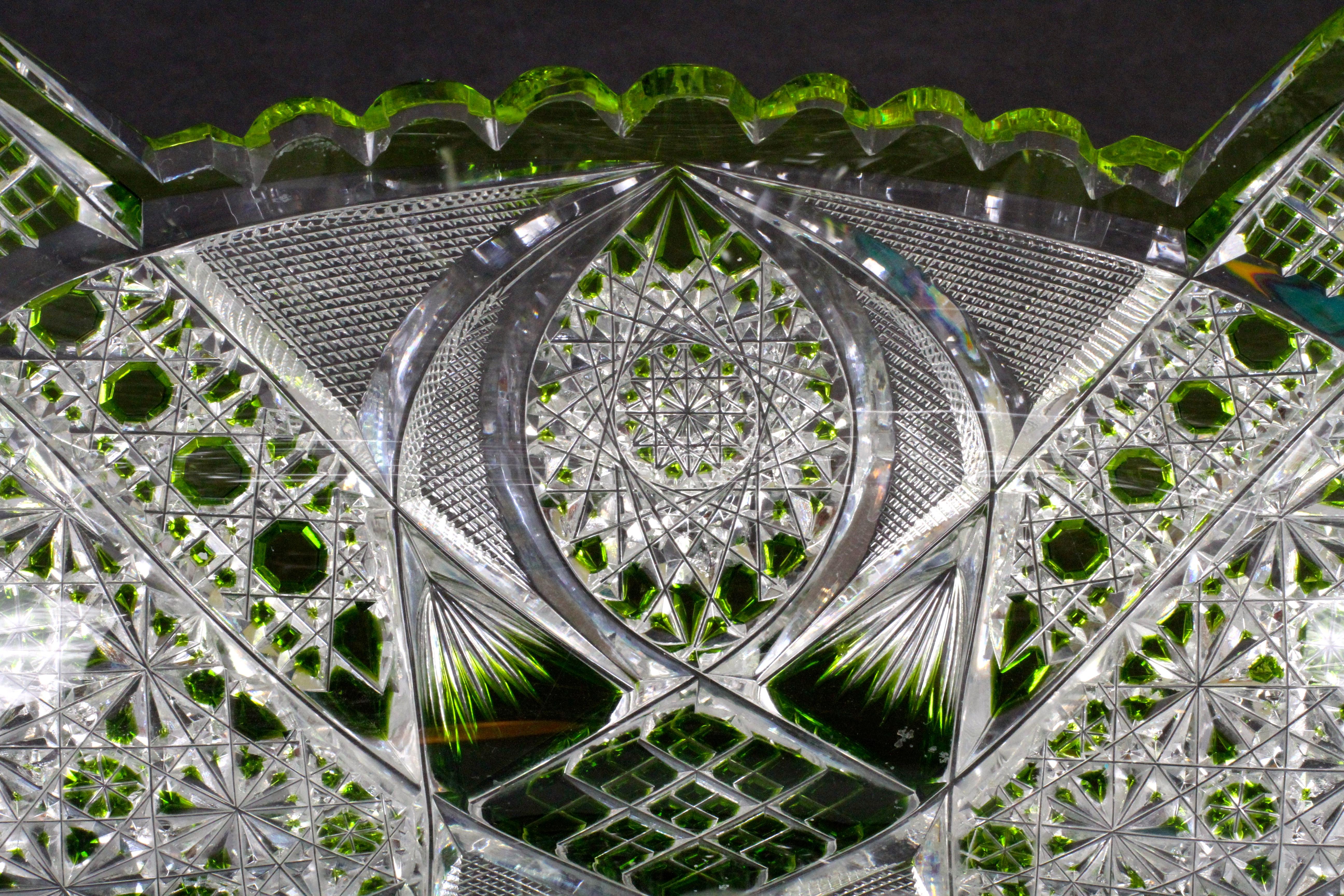 Faceted Val Saint Lambert Cut Crystal Green Bowl For Sale