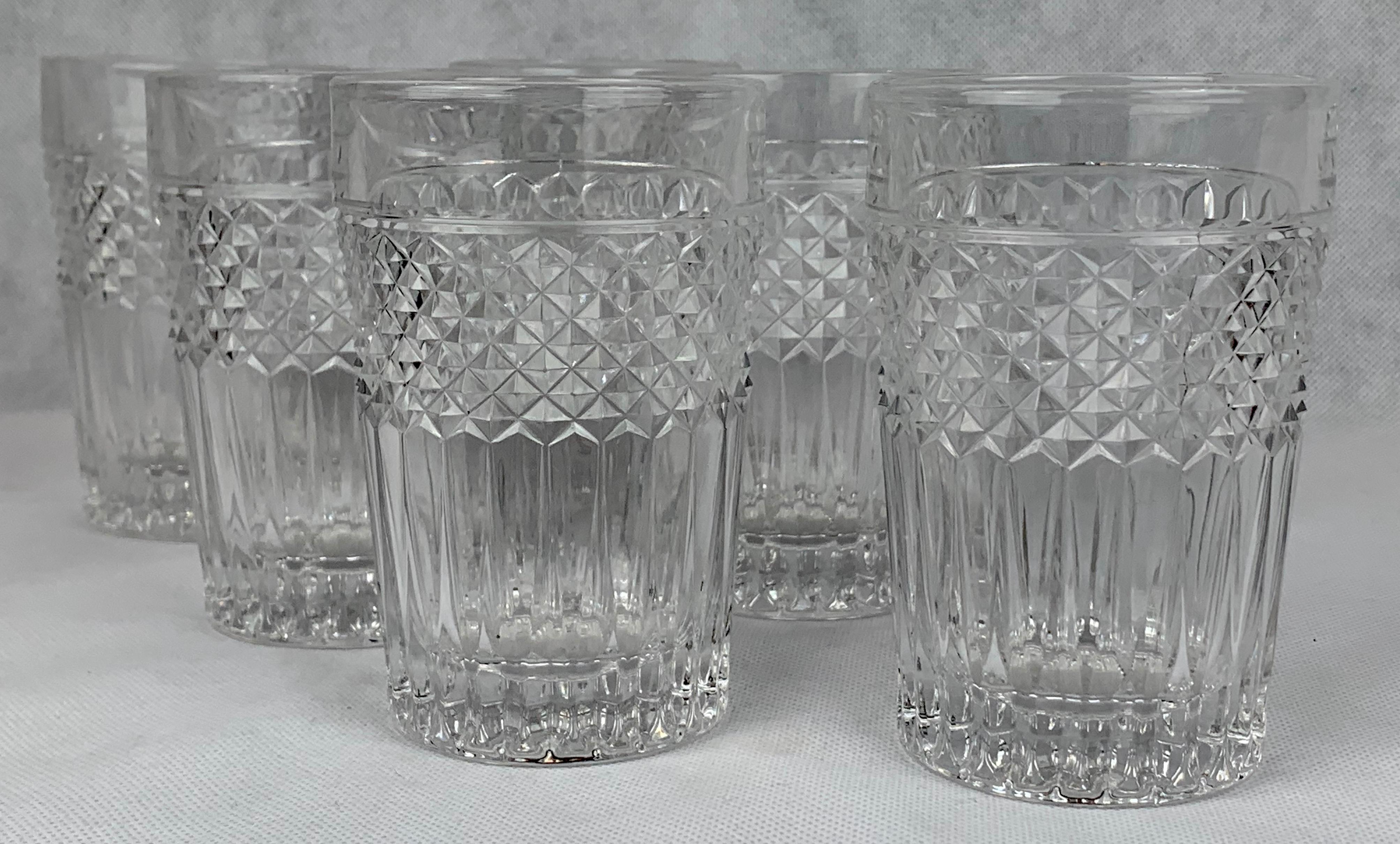 Set of 6 Val Saint Lambert cut crystal highball/tumblers pattern Vas11.  SCRIBE signed by hand on the bottom of each glass.  Pieces of VSL SCRIBE signed by hand are preferred by collectors over an acid etched mark.  These glasses are in mint