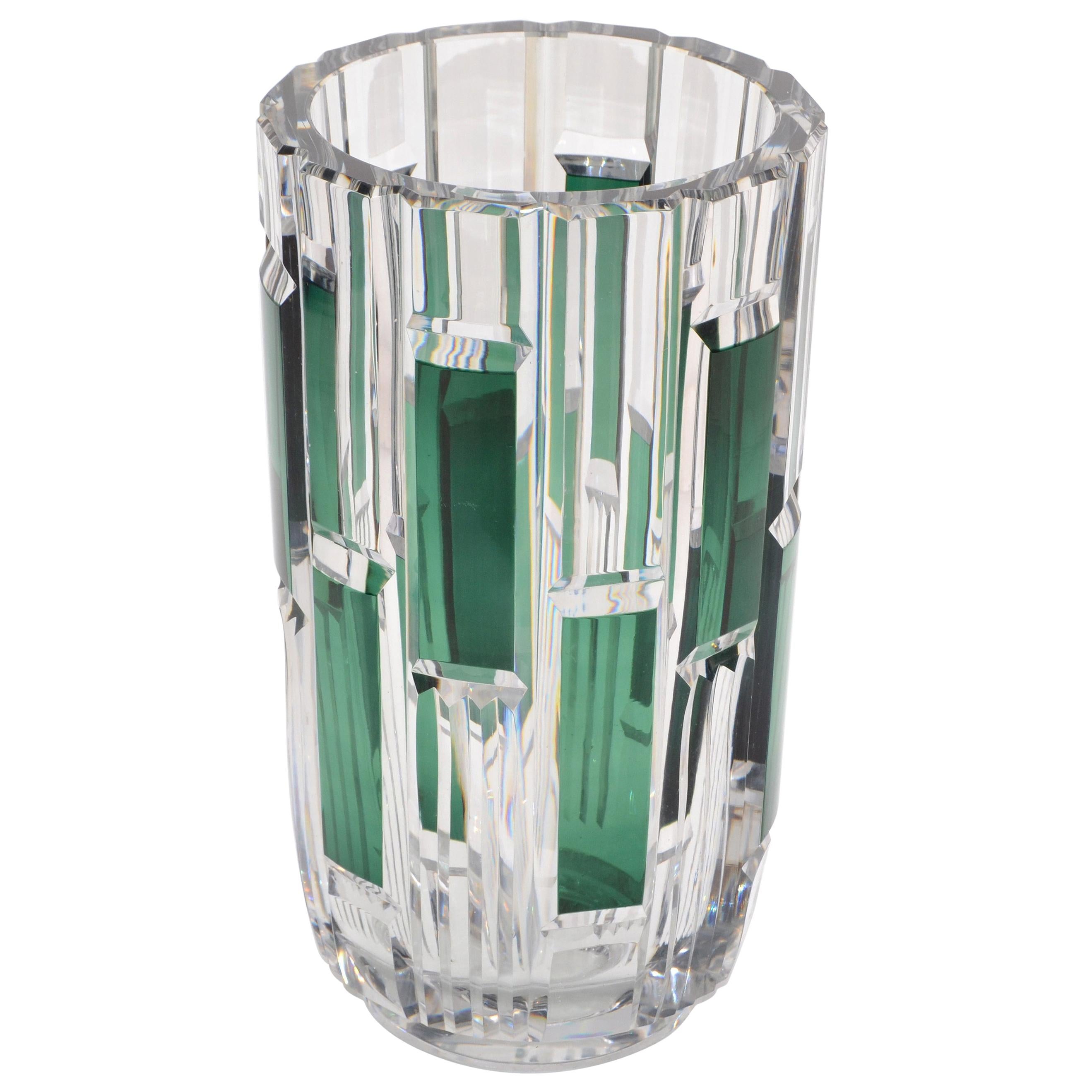 Val Saint Lambert Cut Crystal Vase Charles Graffart Clear & Green Belgium, 1950s