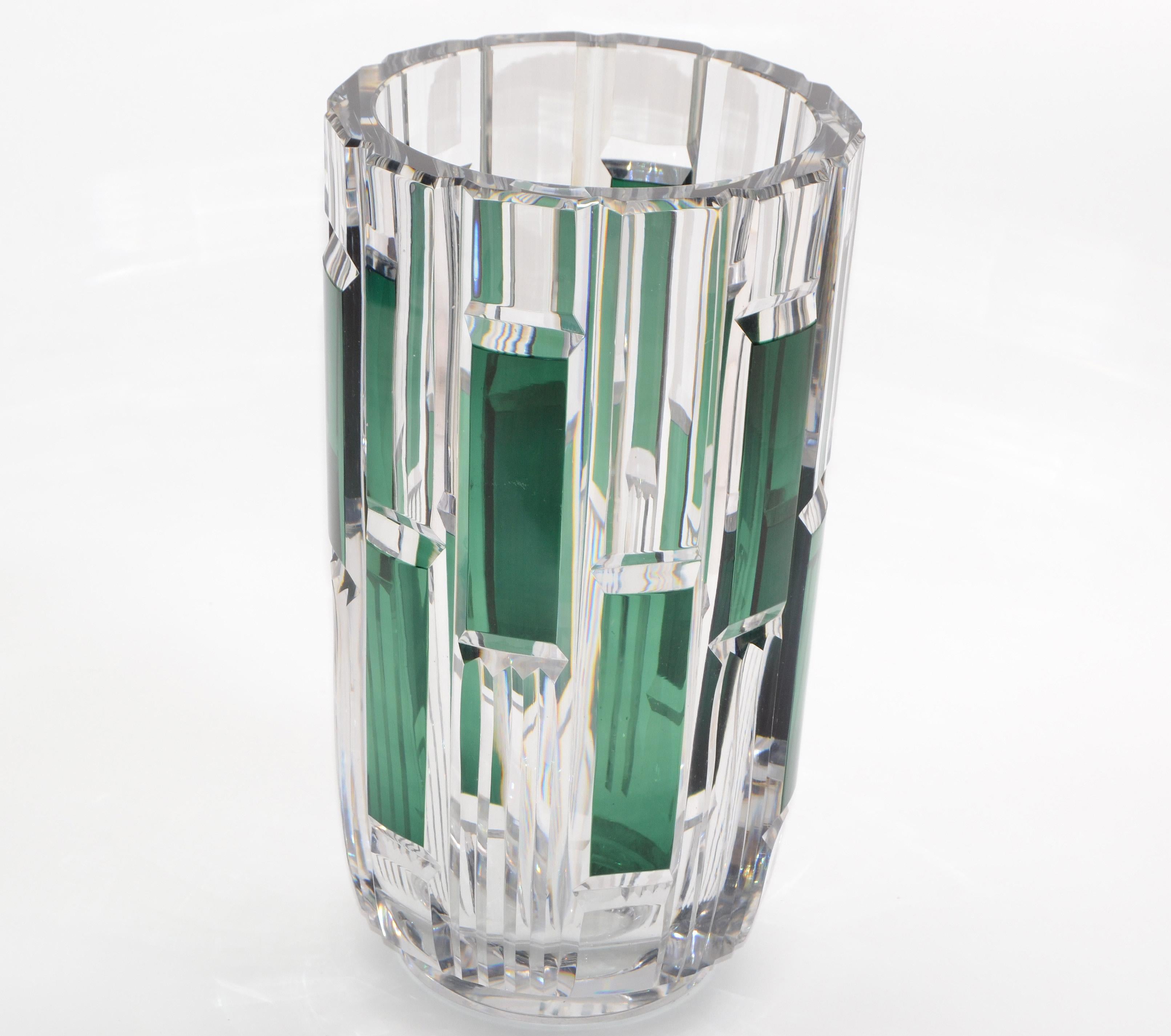 Val Saint Lambert Cut Crystal Vase Charles Graffart Clear & Green Belgium, 1950s 6