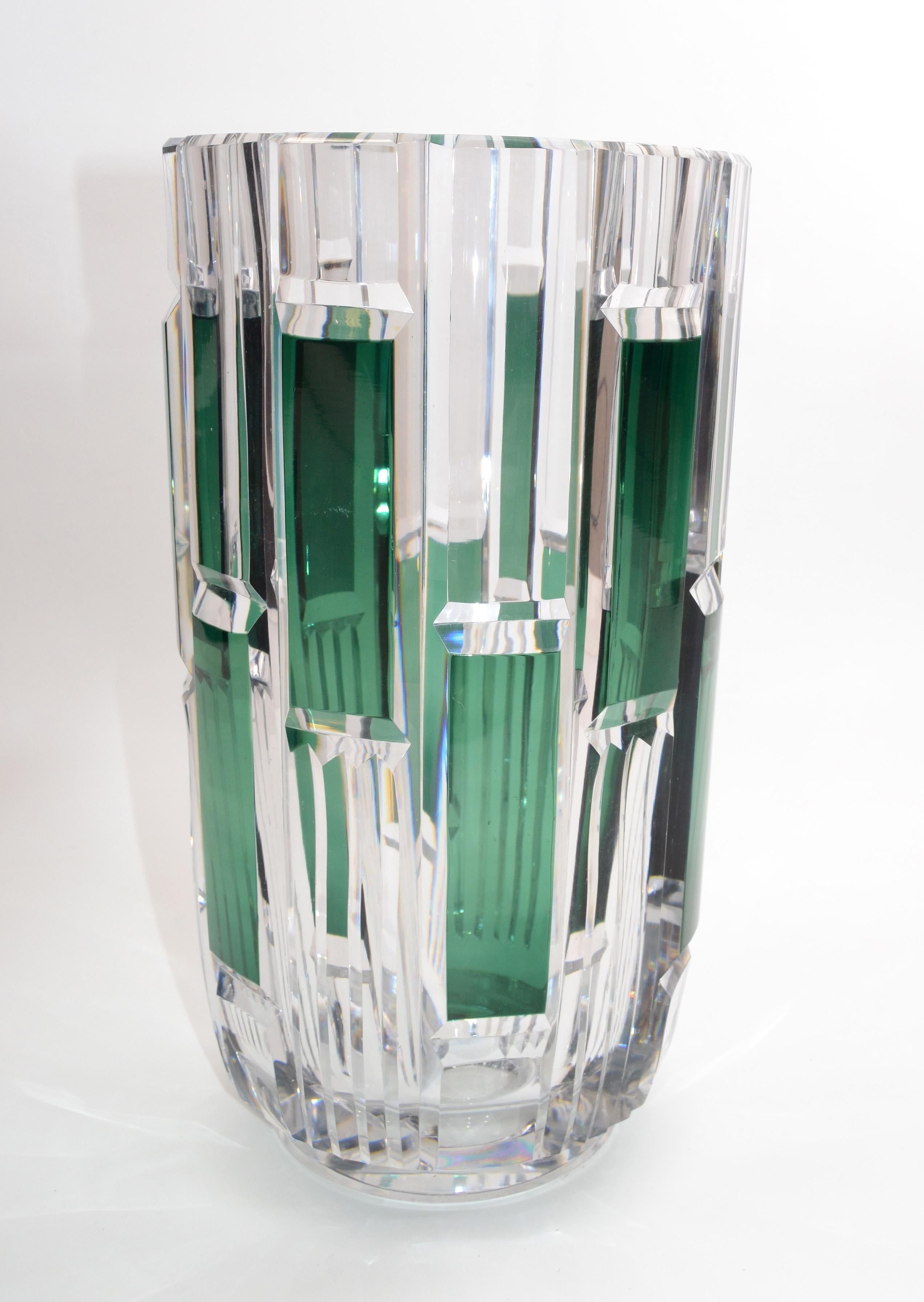 Mid-20th Century Val Saint Lambert Cut Crystal Vase Charles Graffart Clear & Green Belgium, 1950s