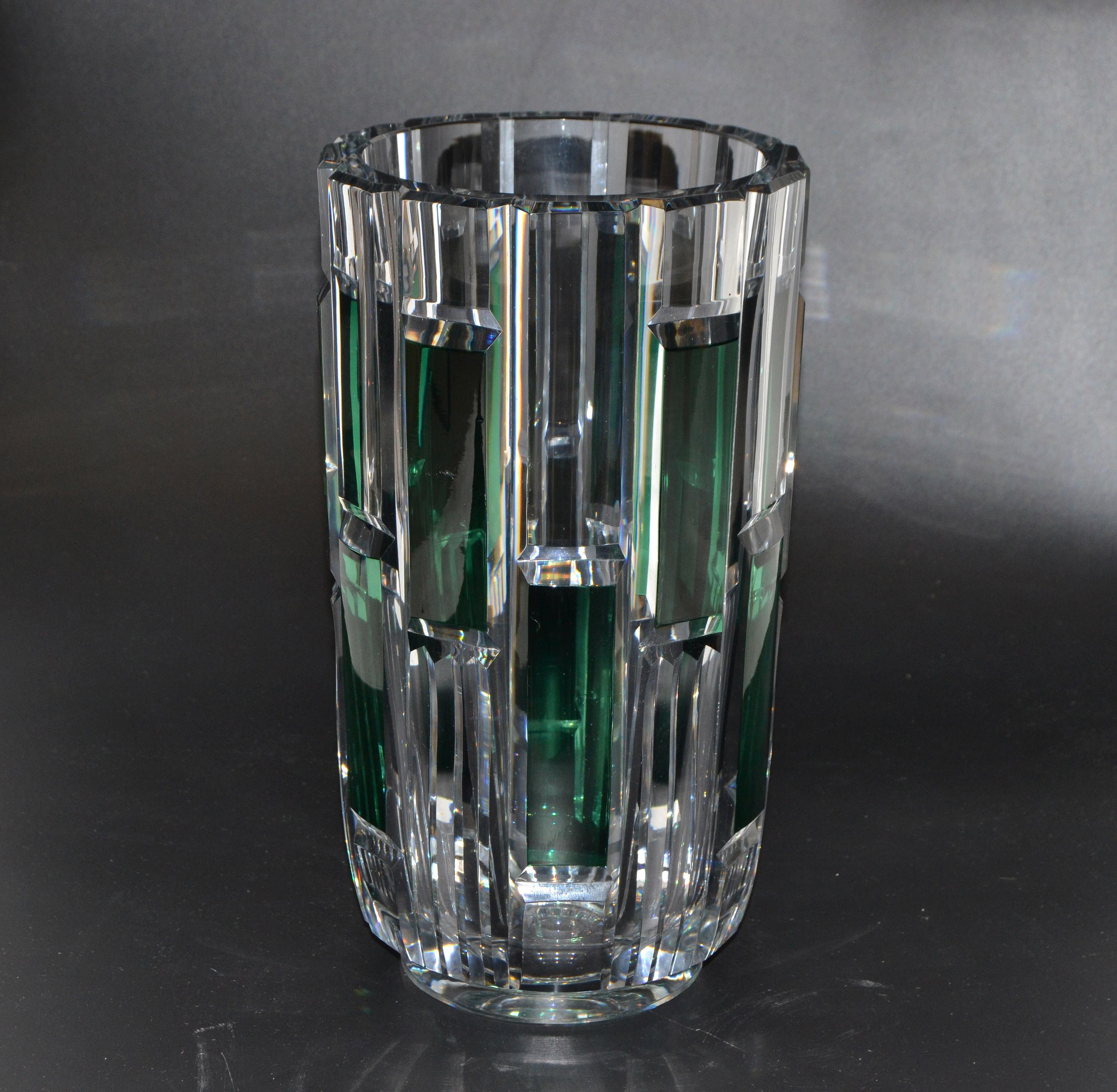 Val Saint Lambert Cut Crystal Vase Charles Graffart Clear & Green Belgium, 1950s 1