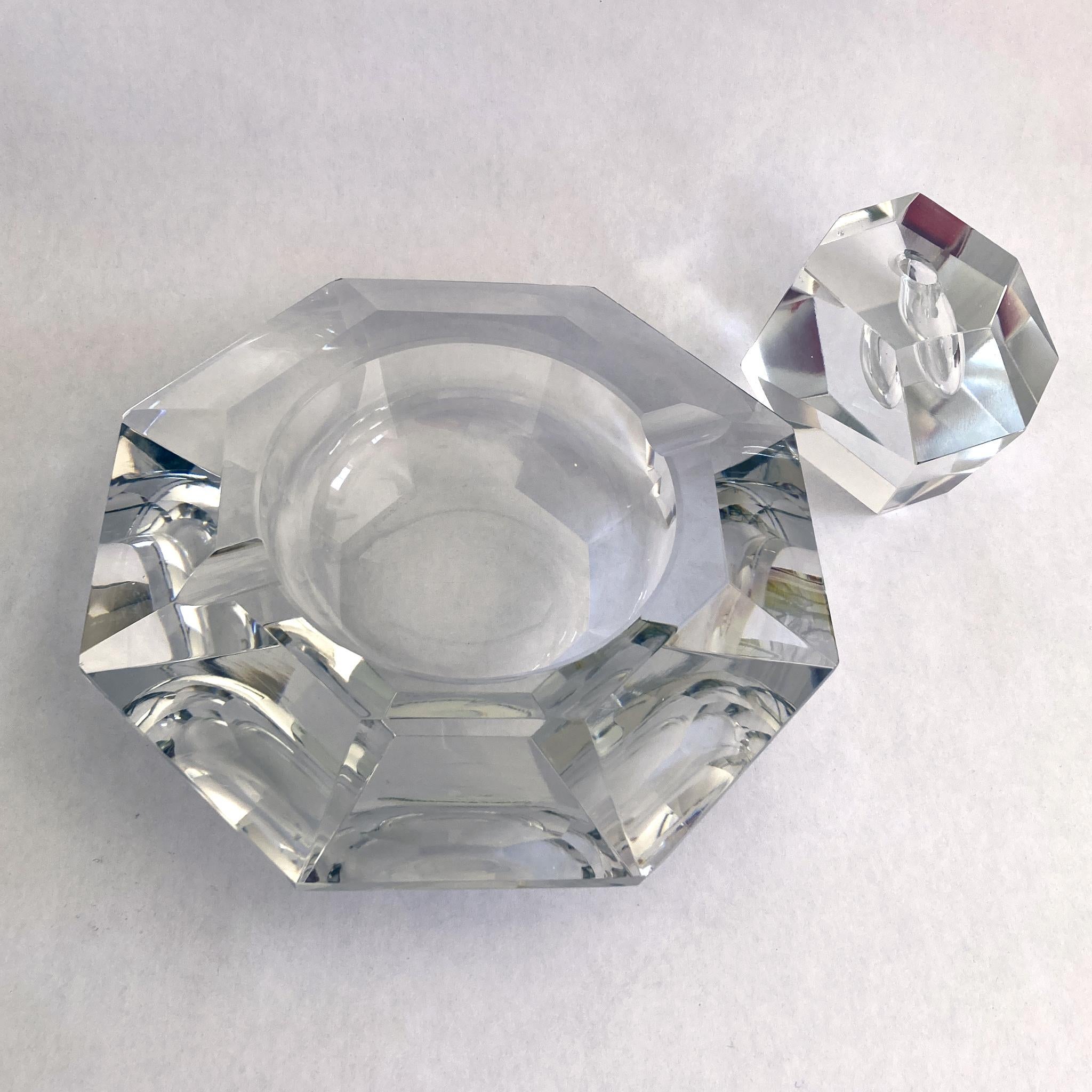 Belgian Val Saint Lambert Faceted Crystal Catchall Ashtray Bowl, Signed