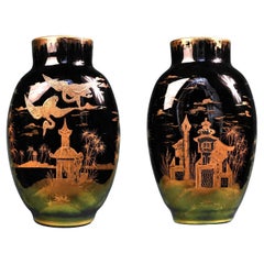 Antique VAL SAINT-LAMBERT Glasshouse, Pair of vases with a Japanese landscape