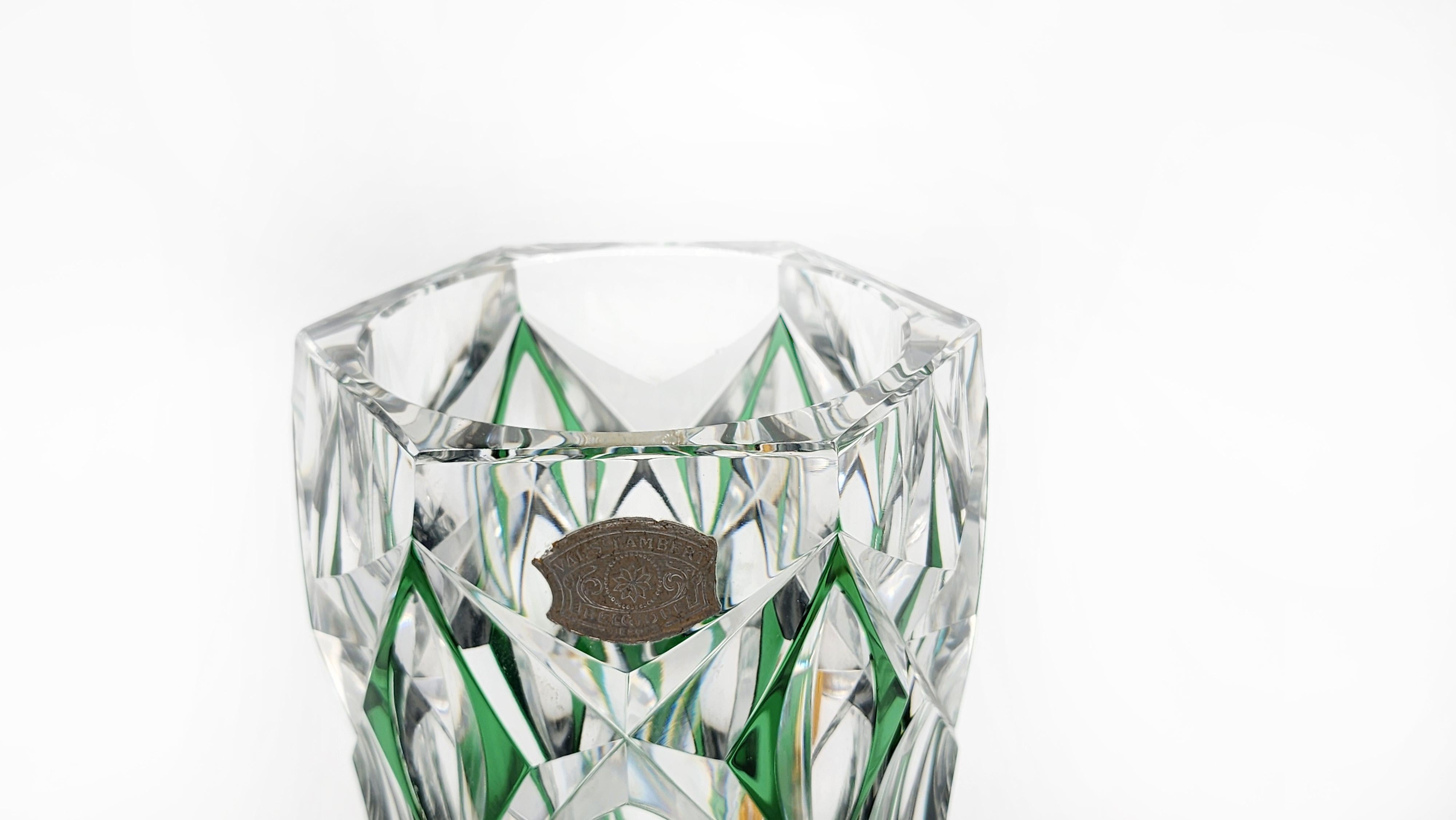 Post-Modern Val Saint Lambert green carved crystal vase. For Sale