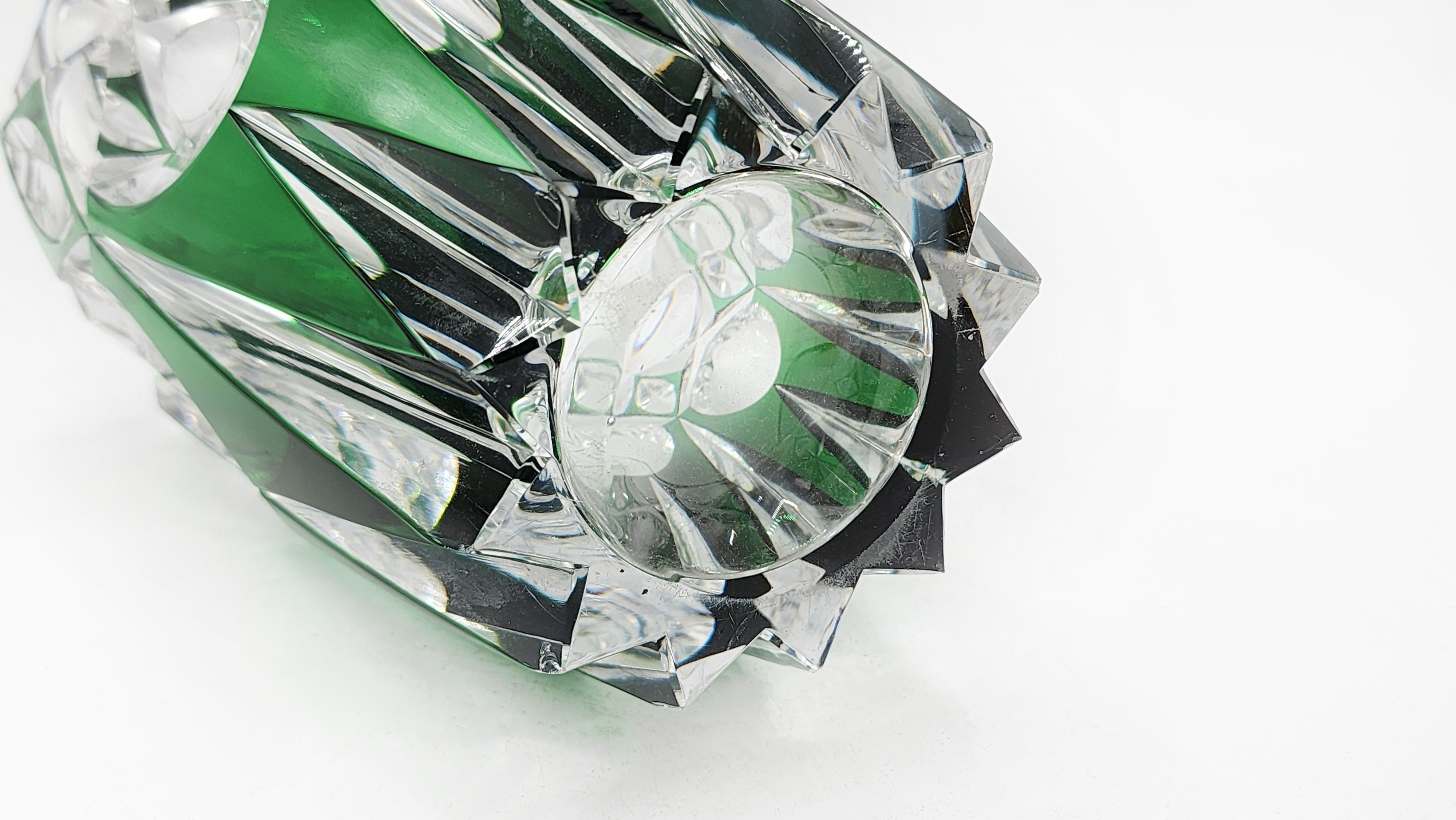 Belgian Val Saint Lambert green carved crystal vase. For Sale