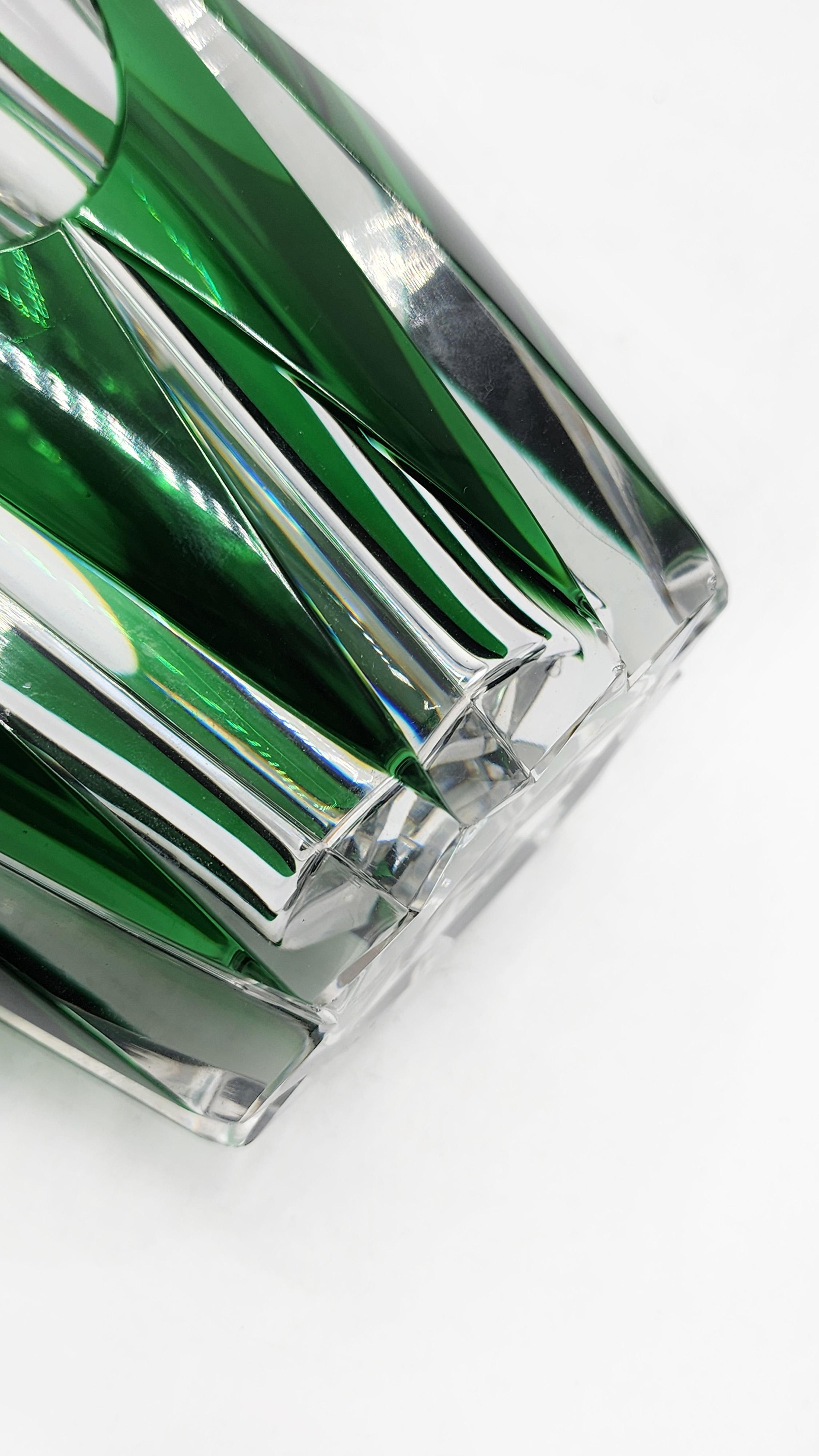 Hand-Carved Val Saint Lambert green carved crystal vase. For Sale