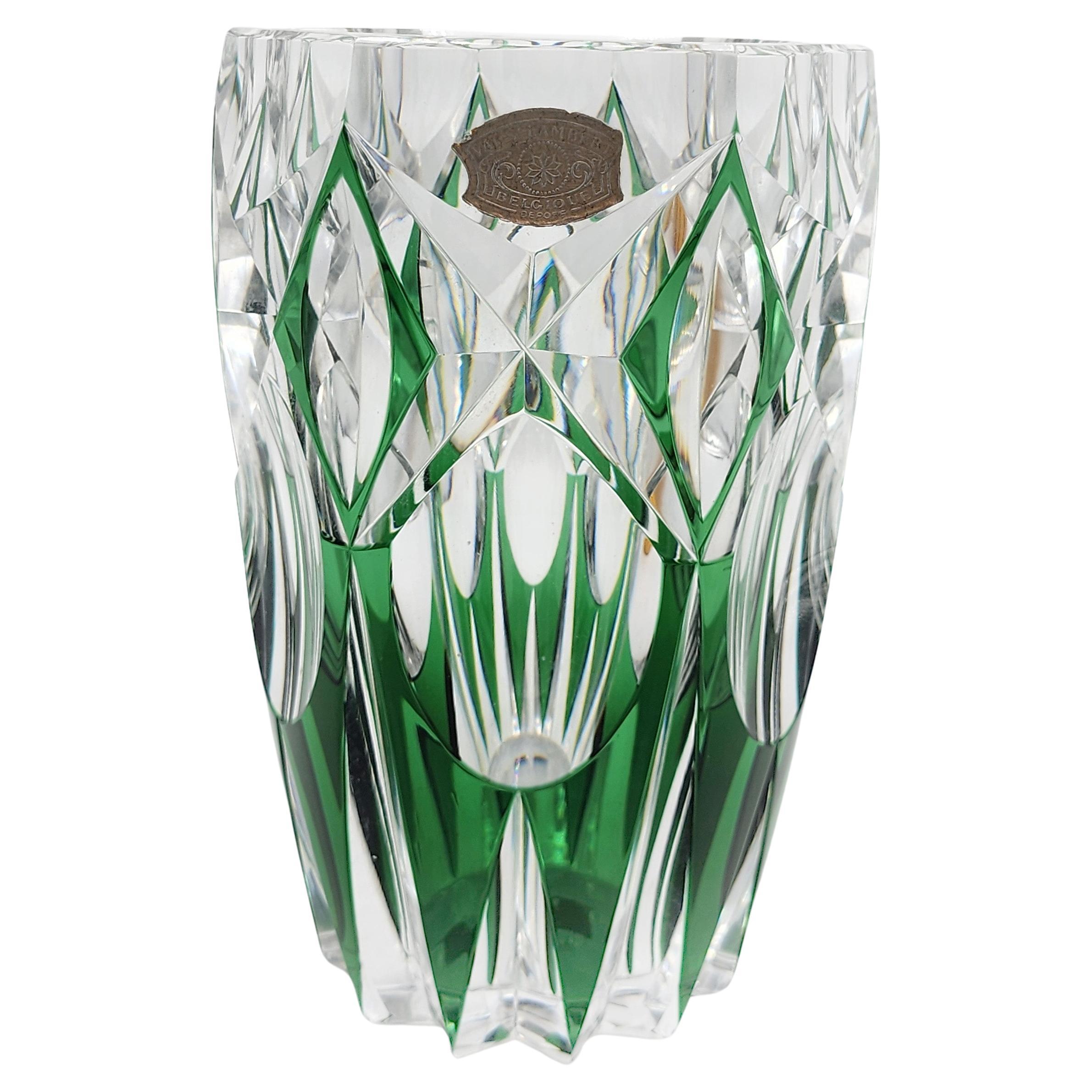 Val Saint Lambert green carved crystal vase.