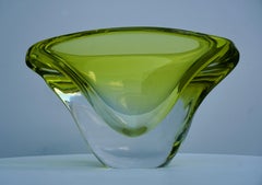 Val Saint Lambert Green Crystal Fruit Bowl Swirl Design