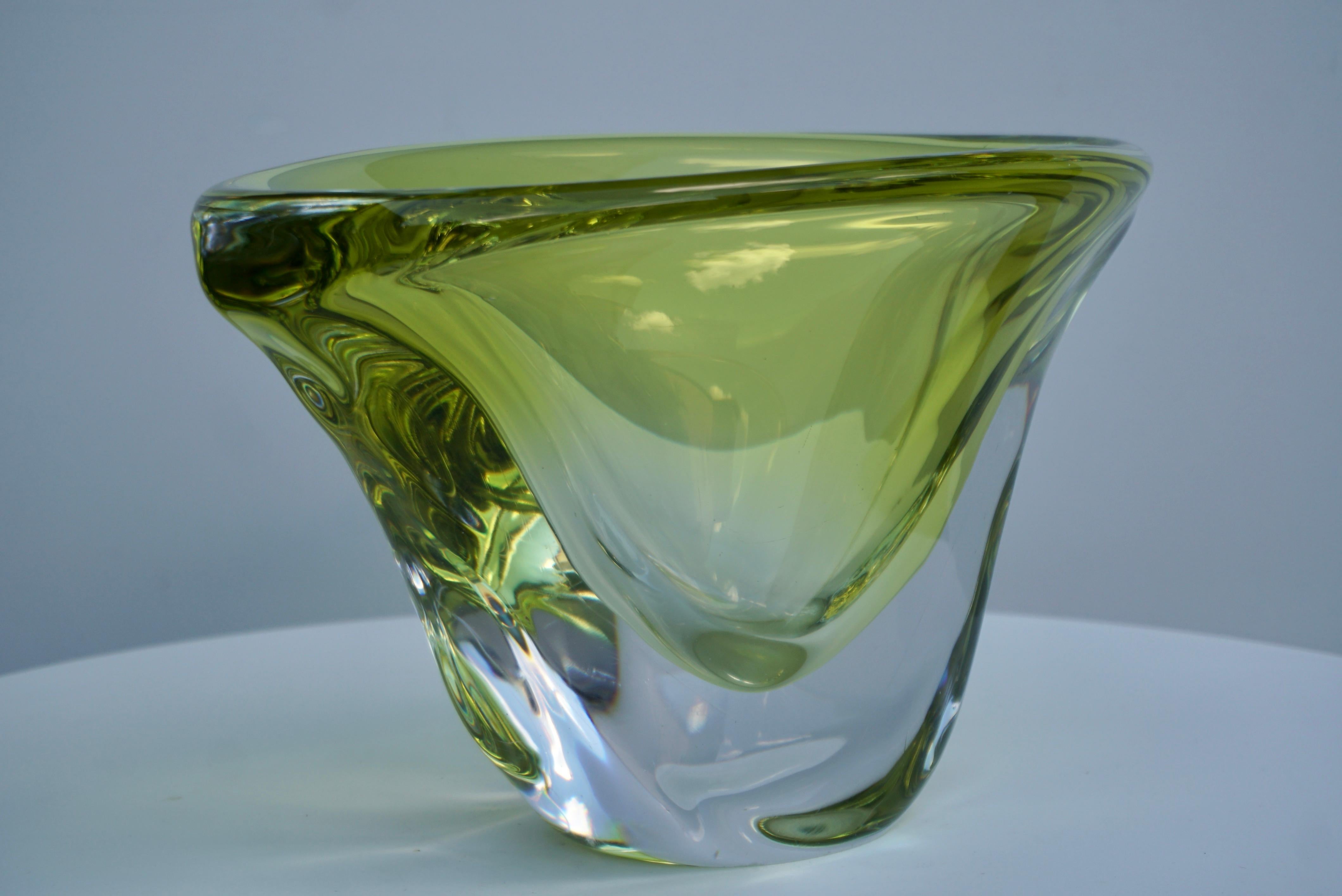 Belgian Val Saint Lambert Green Crystal Fruit Bowl Swirl Design For Sale