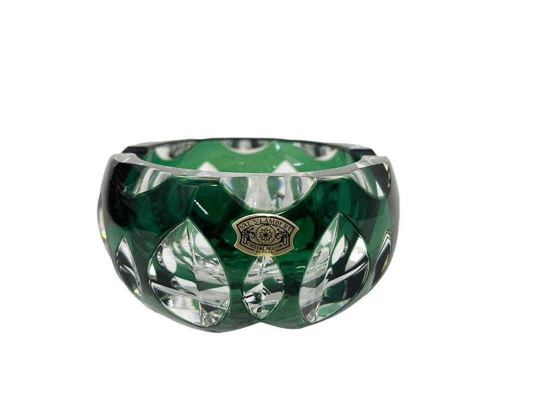 Belgian Val Saint Lambert green cut-to clear Crystal ashtray, Signed For Sale