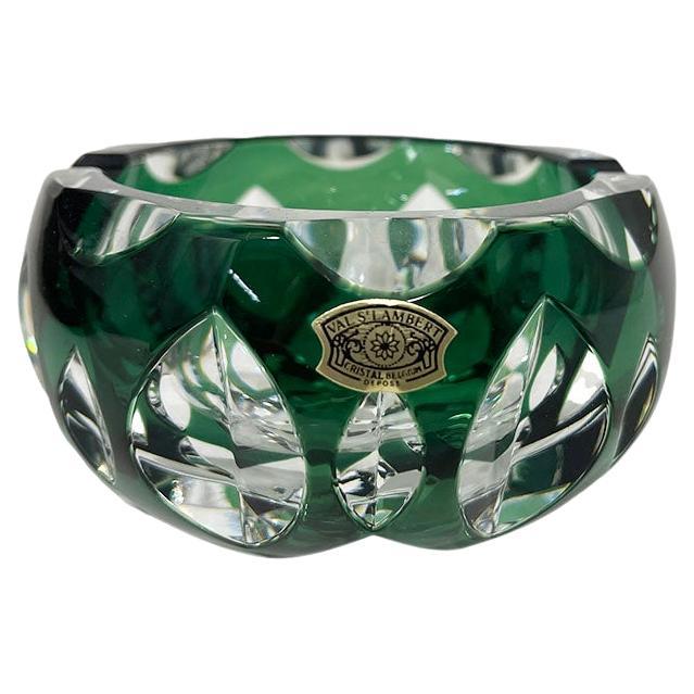 Val Saint Lambert green cut-to clear Crystal ashtray, Signed For Sale