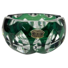 Val Saint Lambert green cut-to clear Crystal ashtray, Signed