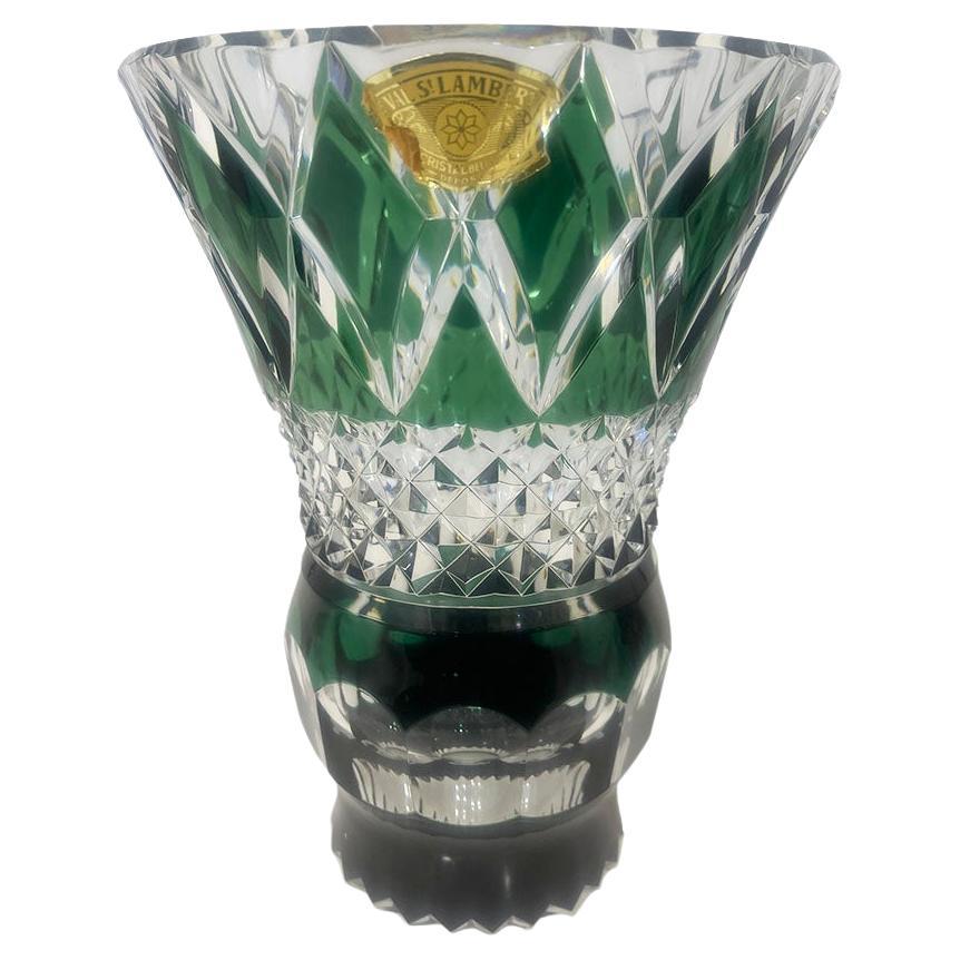 Val Saint Lambert green cut-to clear crystal vase, Signed