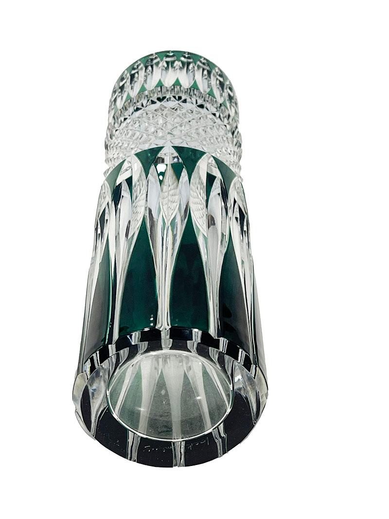 Belgian Val Saint Lambert green cut-to clear small Crystal vase, Signed For Sale