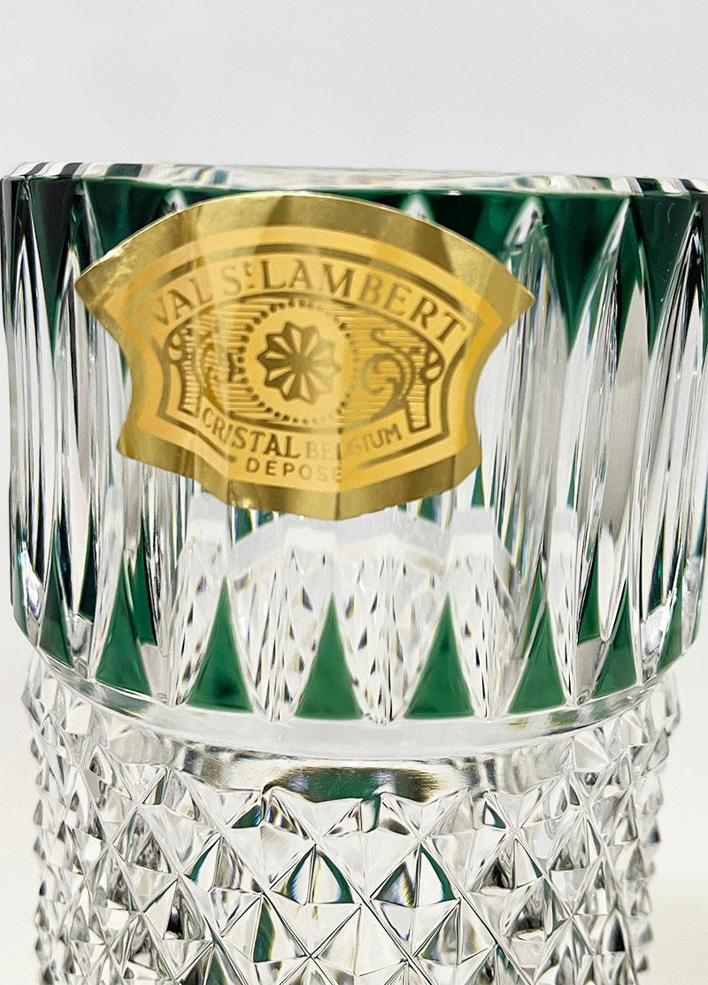 20th Century Val Saint Lambert green cut-to clear small Crystal vase, Signed For Sale