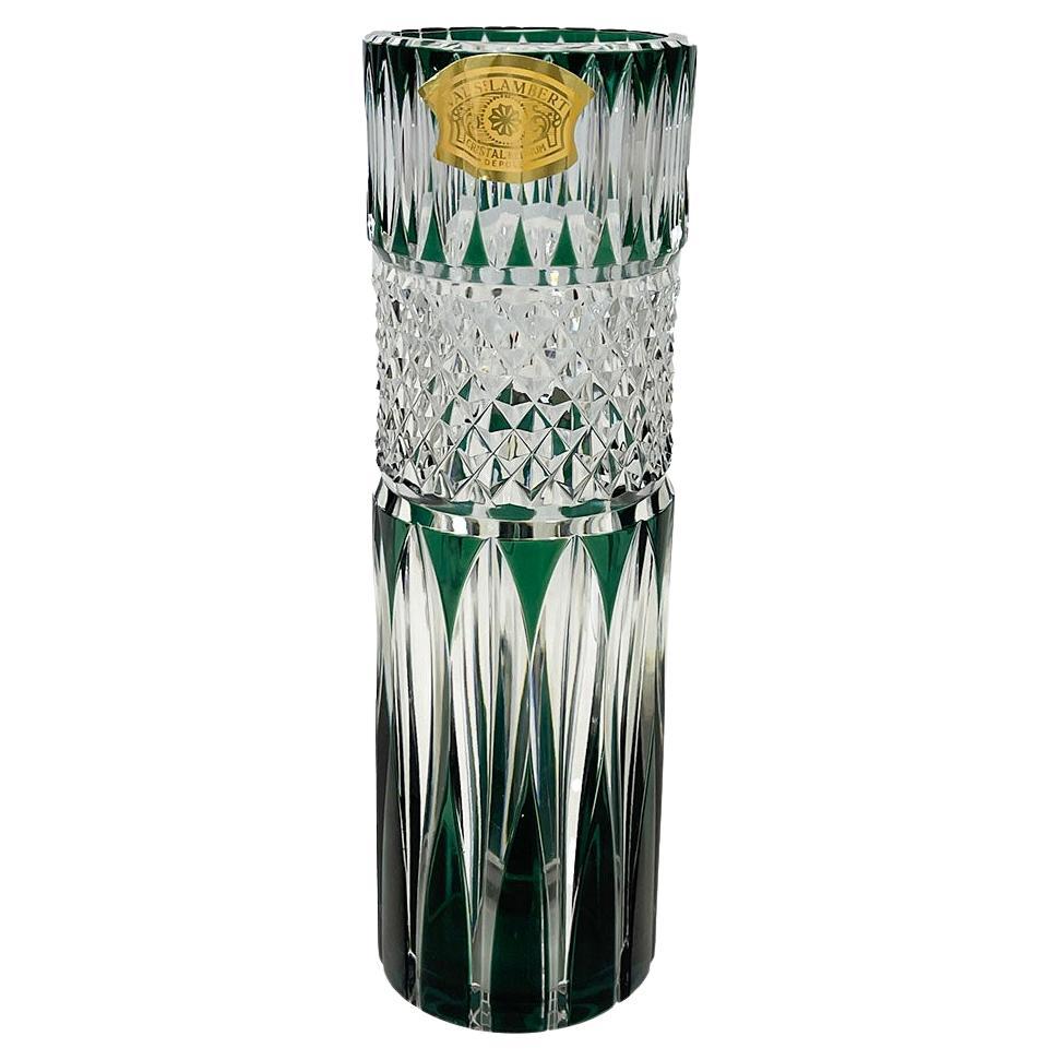 Val Saint Lambert green cut-to clear small Crystal vase, Signed