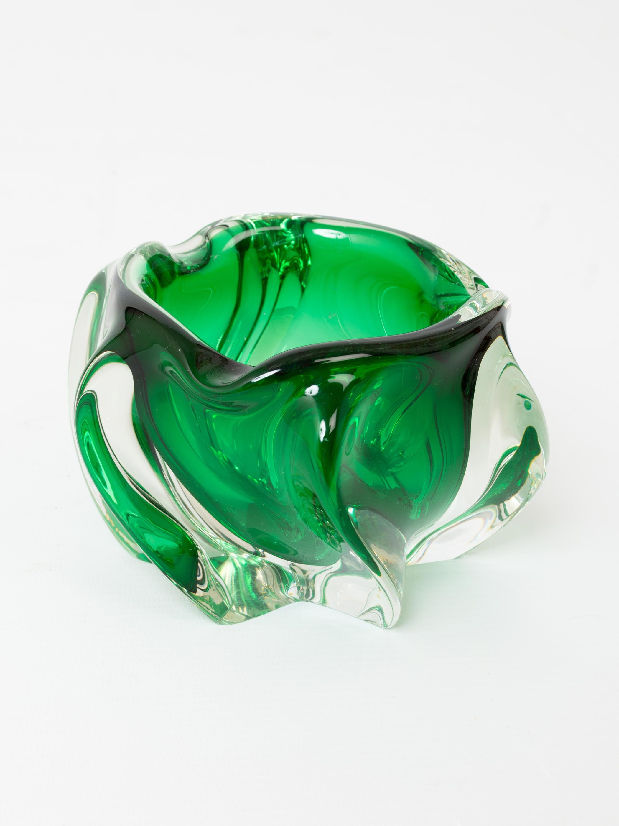 Belgian Val Saint Lambert Green Sommerso Core Crystal Ashtray Dish Belgium c.1950 For Sale