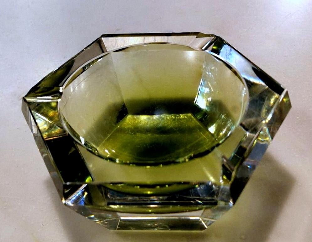 Polished Val Saint Lambert Hexagonal Ashtray in Green Shaded Crystal
