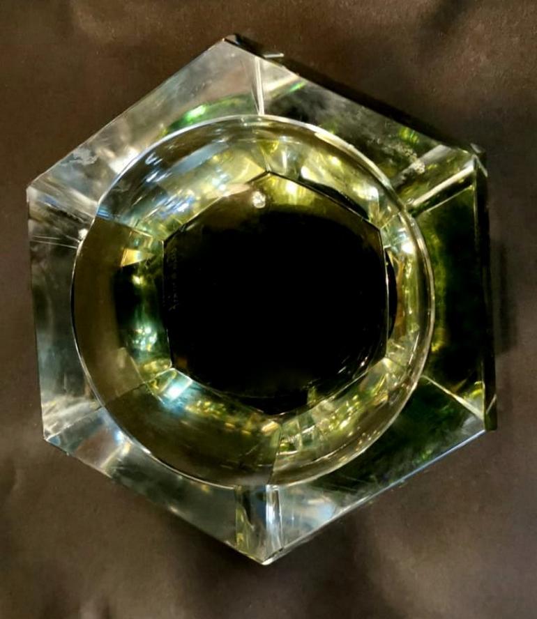 Val Saint Lambert Hexagonal Ashtray in Green Shaded Crystal 1