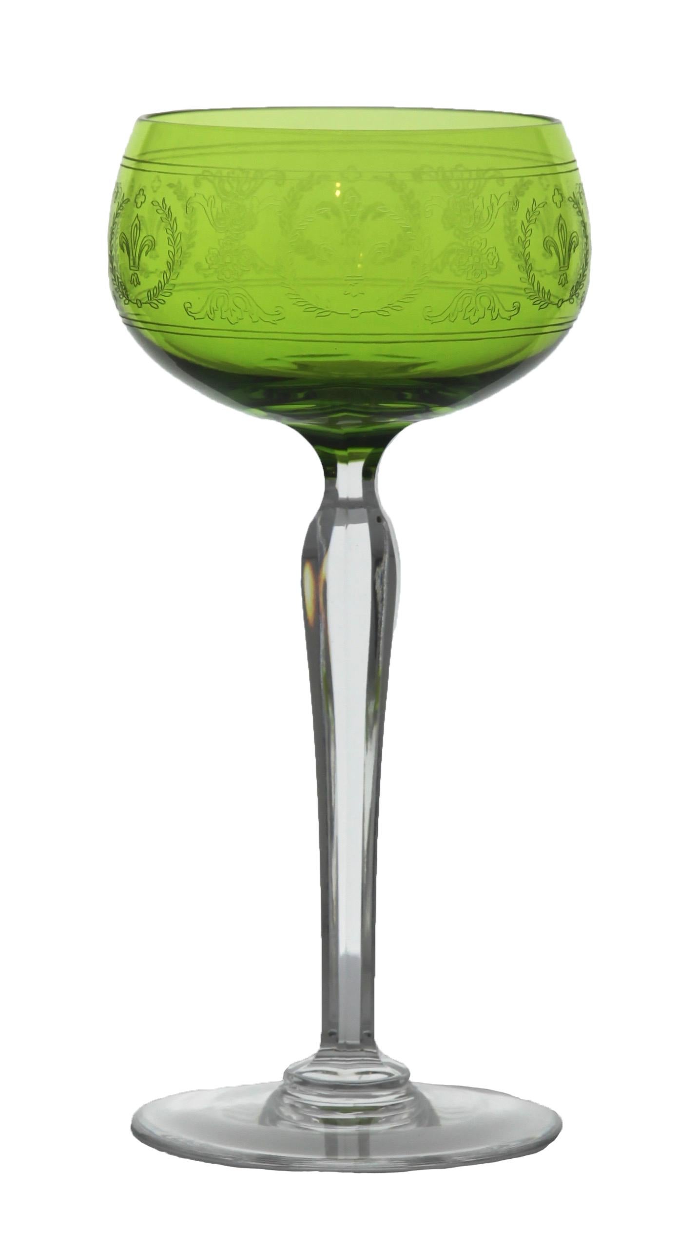 Val Saint Lambert High Romer glass early 1900 green
Wine glass hock Saumur by Val Saint-Lambert.

Pattern code: VASSAU
Description: Plain bowl, multi-sided stem, Roemer, Green Engraved 
Pattern: Saumur Green by Val St Lambert.







 