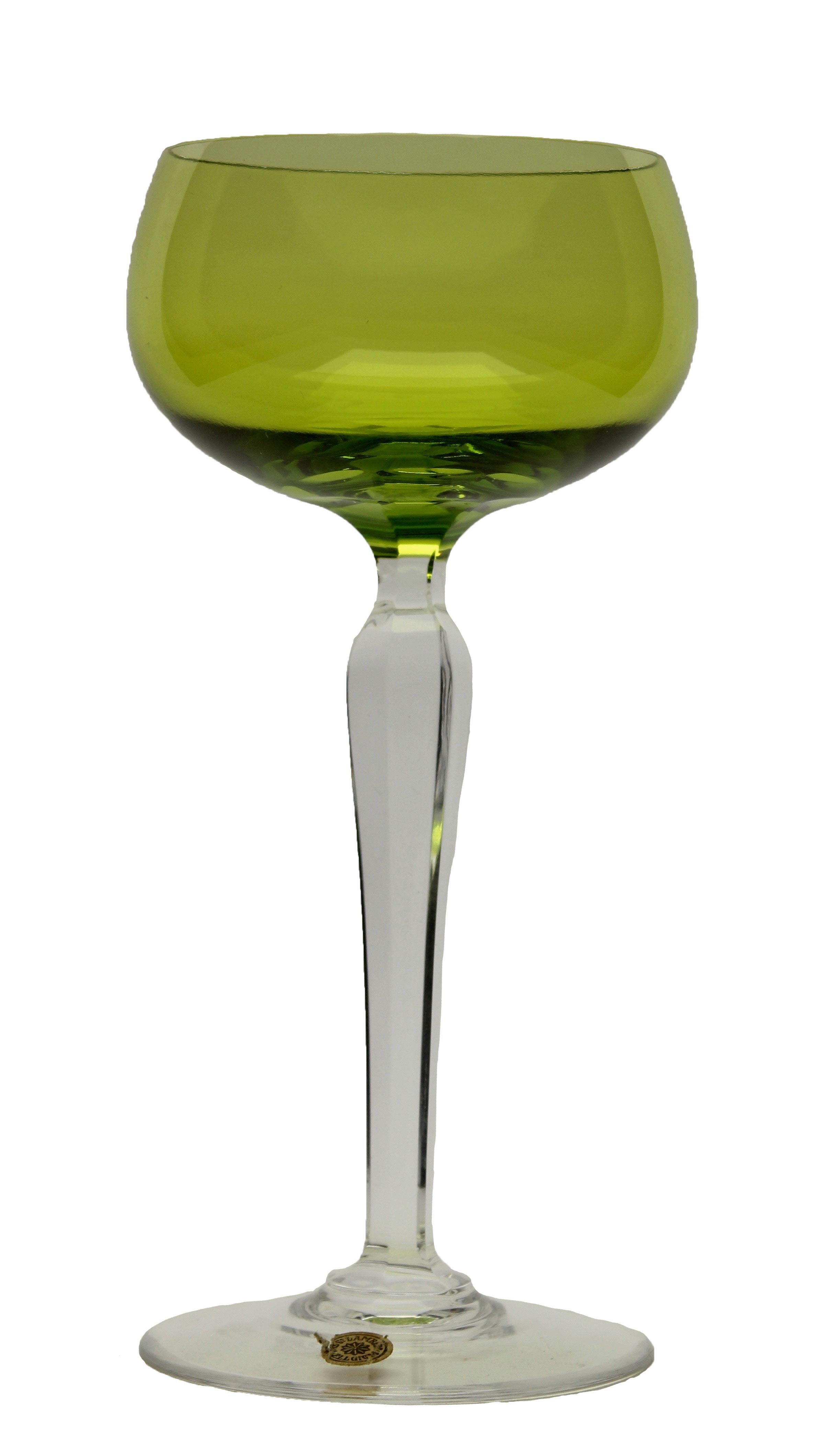 Val Saint Lambert High Romer glass early 1900 green
Wine glass hock Saumur by Val Saint-Lambert.

Pattern code: VASSAU
Description: Plain bowl, multi-sided stem, Roemer, Green
Pattern: Saumur Green by Val St Lambert
Signed on bottom: