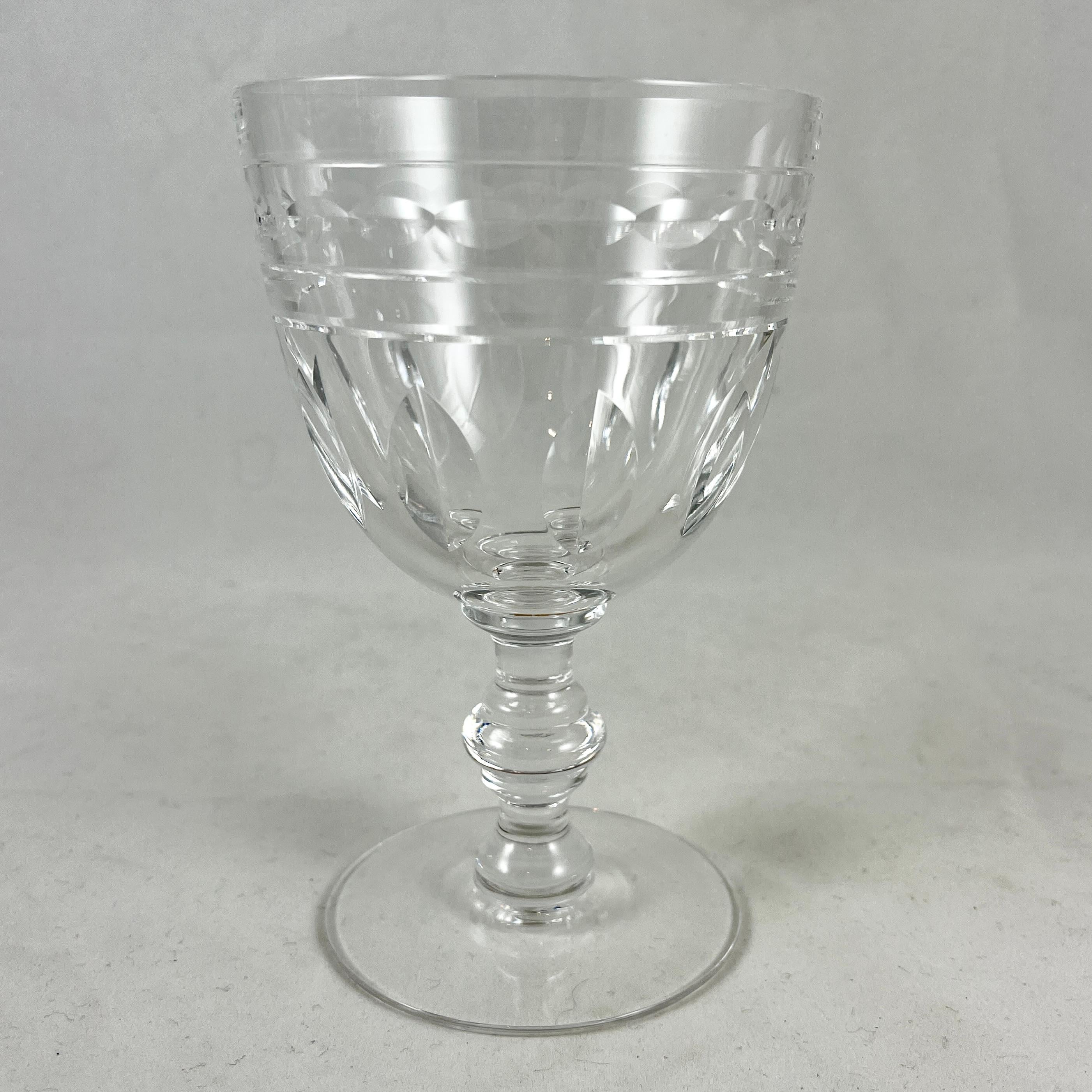 A set of eight crystal goblets in the Kent York pattern, from Val Saint Lambert, Belgium, circa 1956-1962.
Val Saint Lambert is a Belgian crystal glassware manufacturer, founded in 1826 and based in Seraing. It has the royal warrant of King Albert
